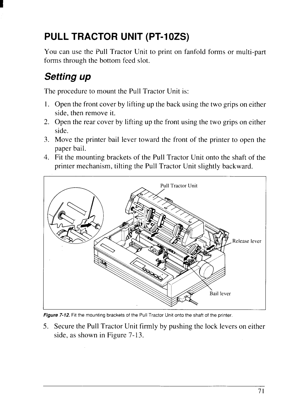 Star Micronics NX-2430 manual Pull Tractor Unit PT-IOZS, Setting up 