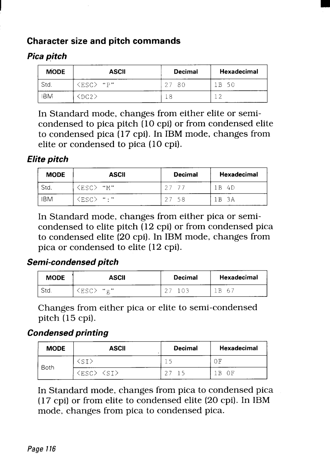 Star Micronics NX-2450 manual Character size and pitch commands 