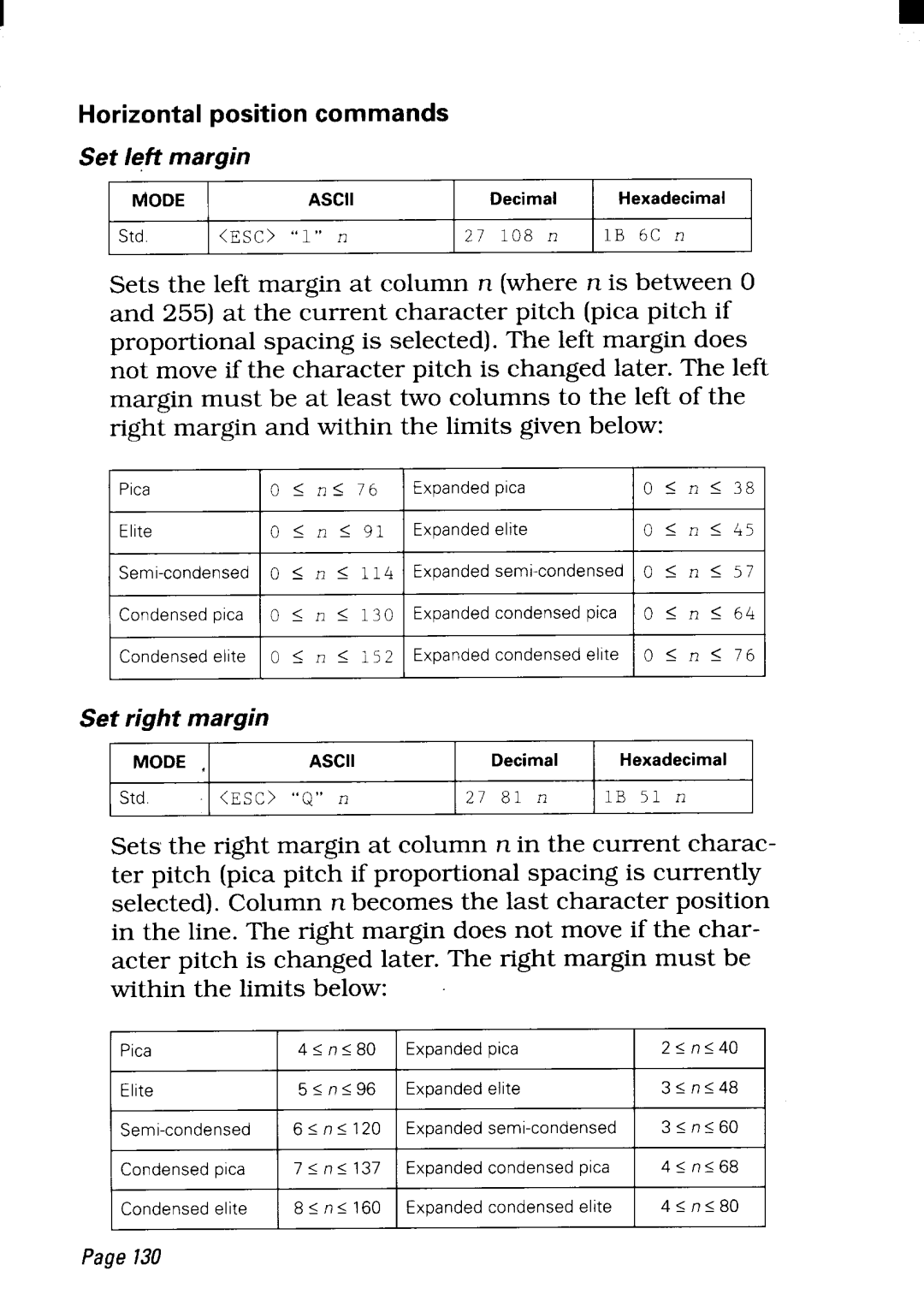 Star Micronics NX-2450 manual Horizontalpositioncommands, O n 91 0 n 114 O n 130 O n 