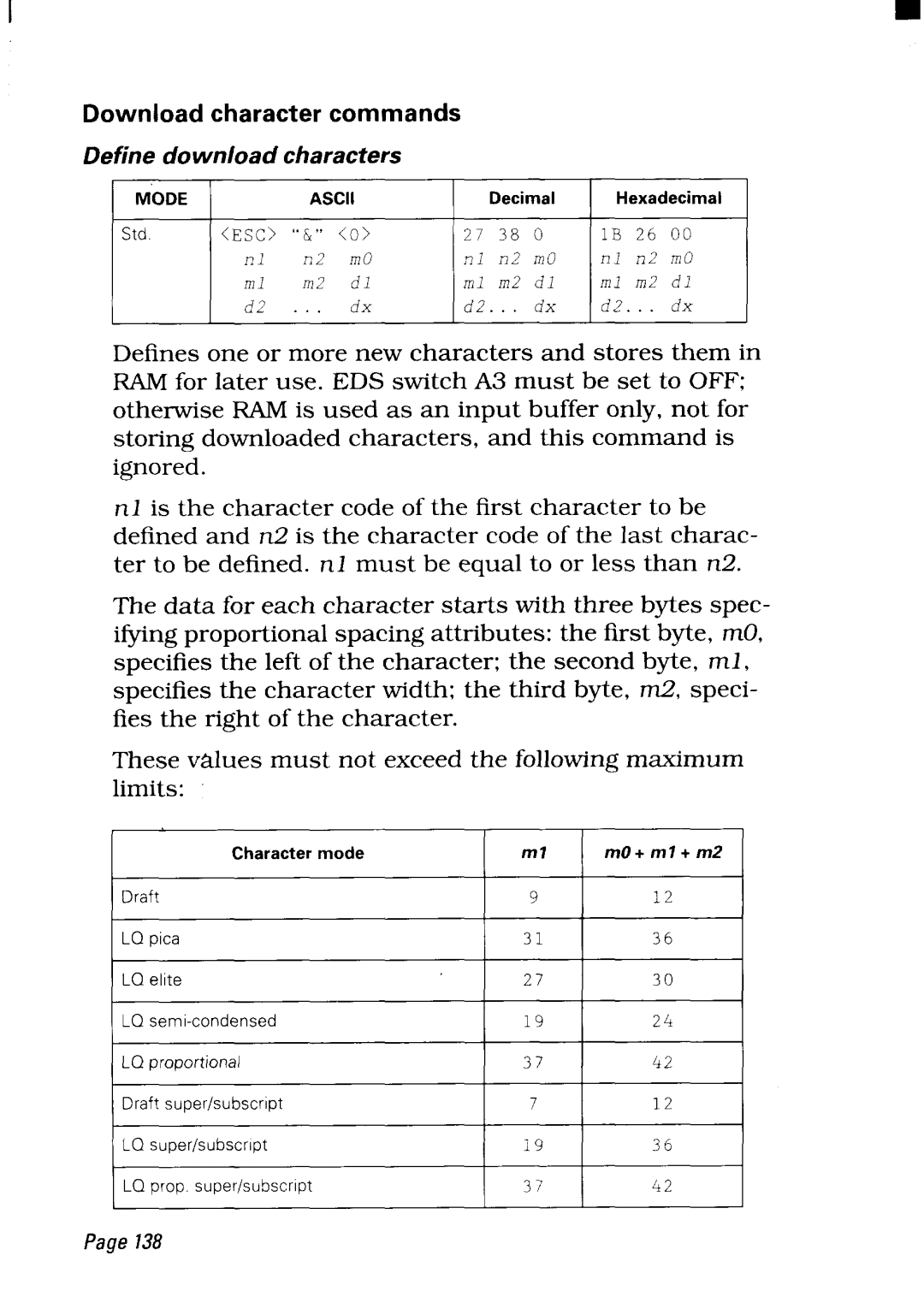 Star Micronics NX-2450 manual Downloadcharactercommands, Define download characters 