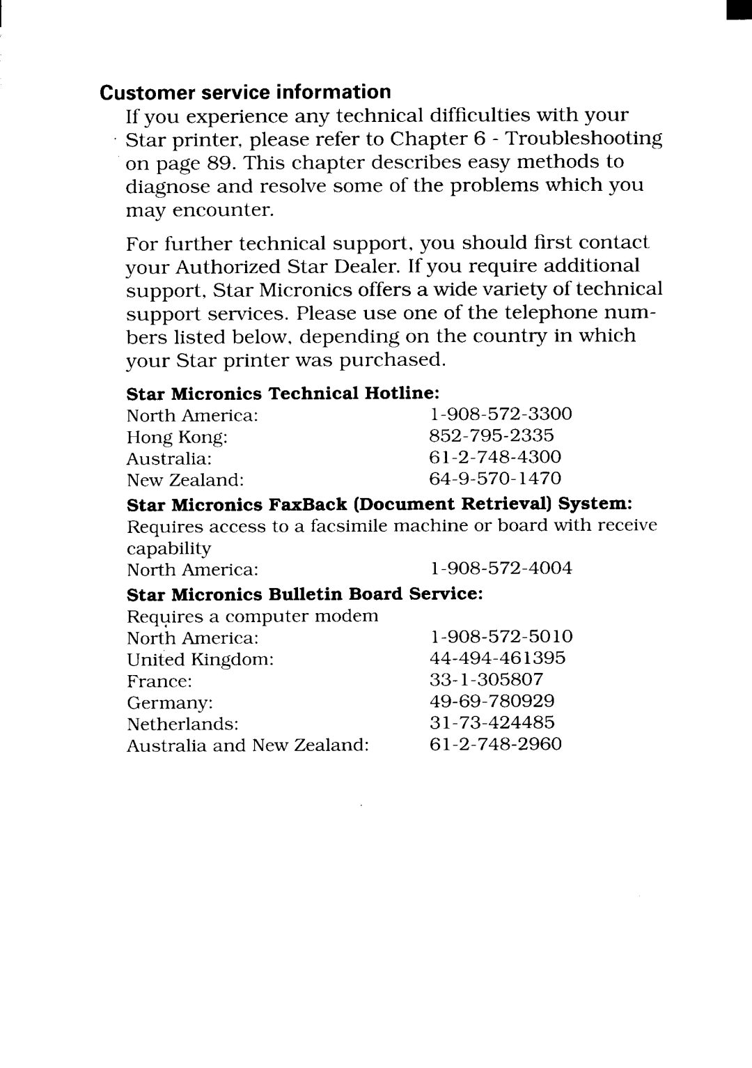 Star Micronics NX-2450 manual Customer service information, Star Micronics Bulletin Board Service 