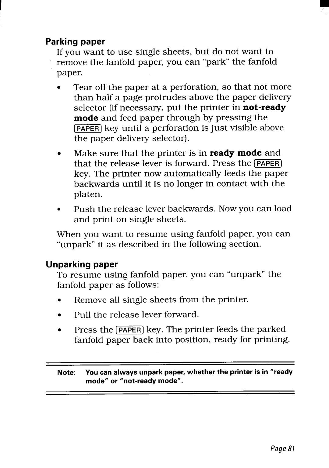 Star Micronics NX-2450 manual Parking paper, Unparking paper, Page81 