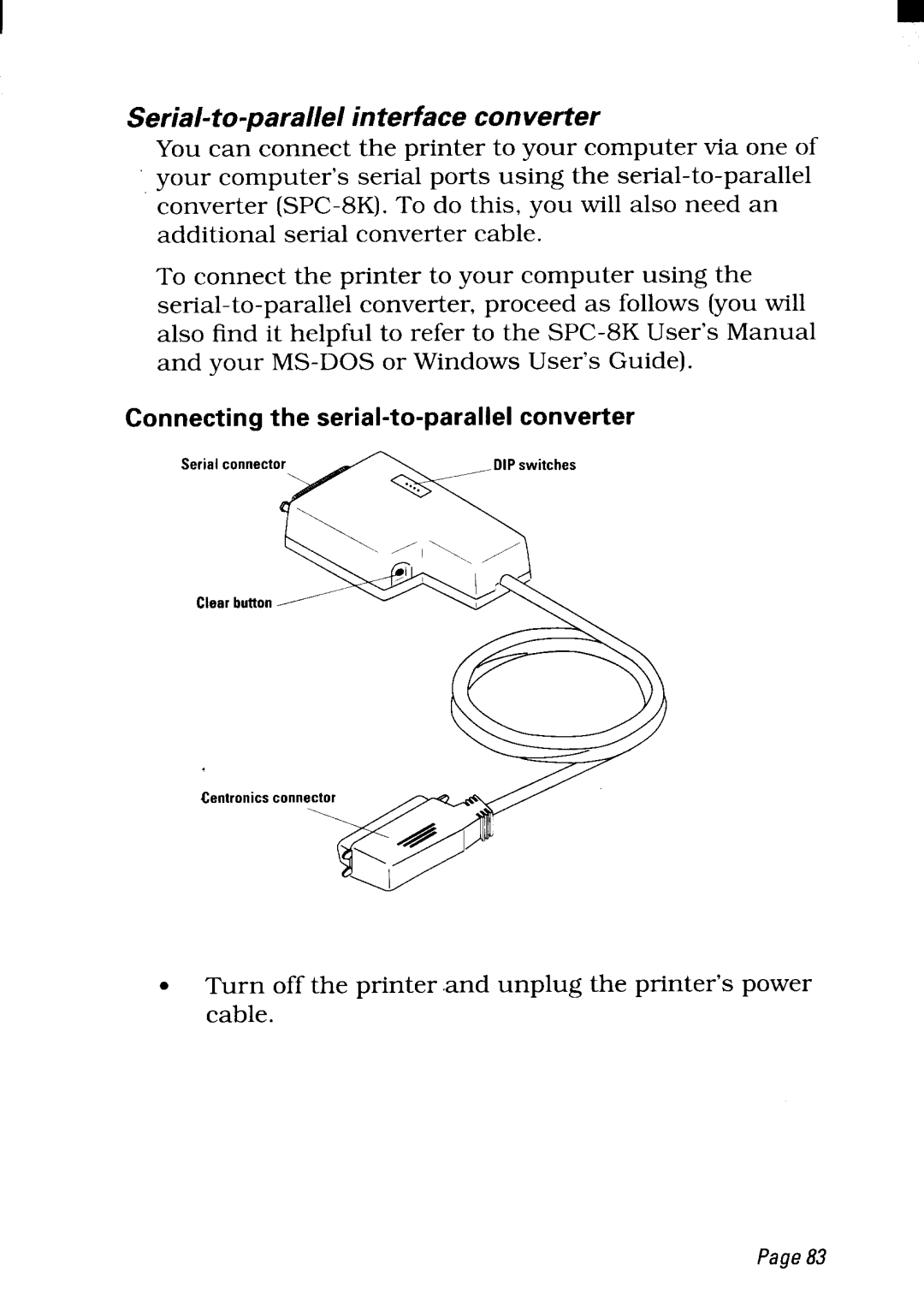 Star Micronics NX-2450 manual Connecting the serial-to-parallel converter, Page83 