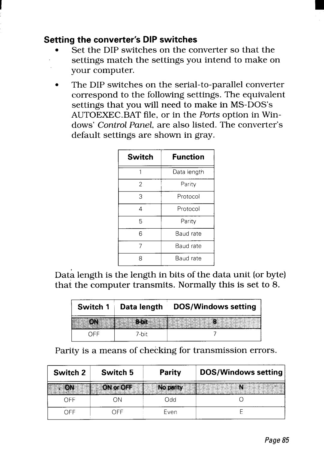 Star Micronics NX-2450 manual Setting the converter’s DIP switches, Page85 