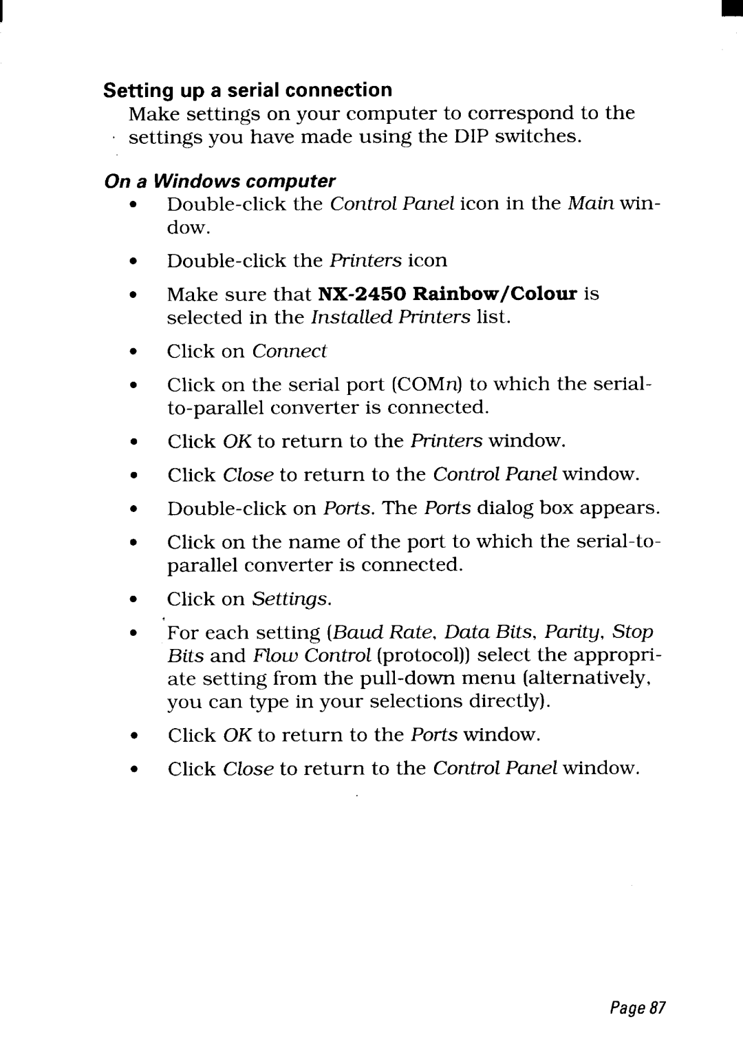 Star Micronics NX-2450 manual Setting up a serial connection, Page87 