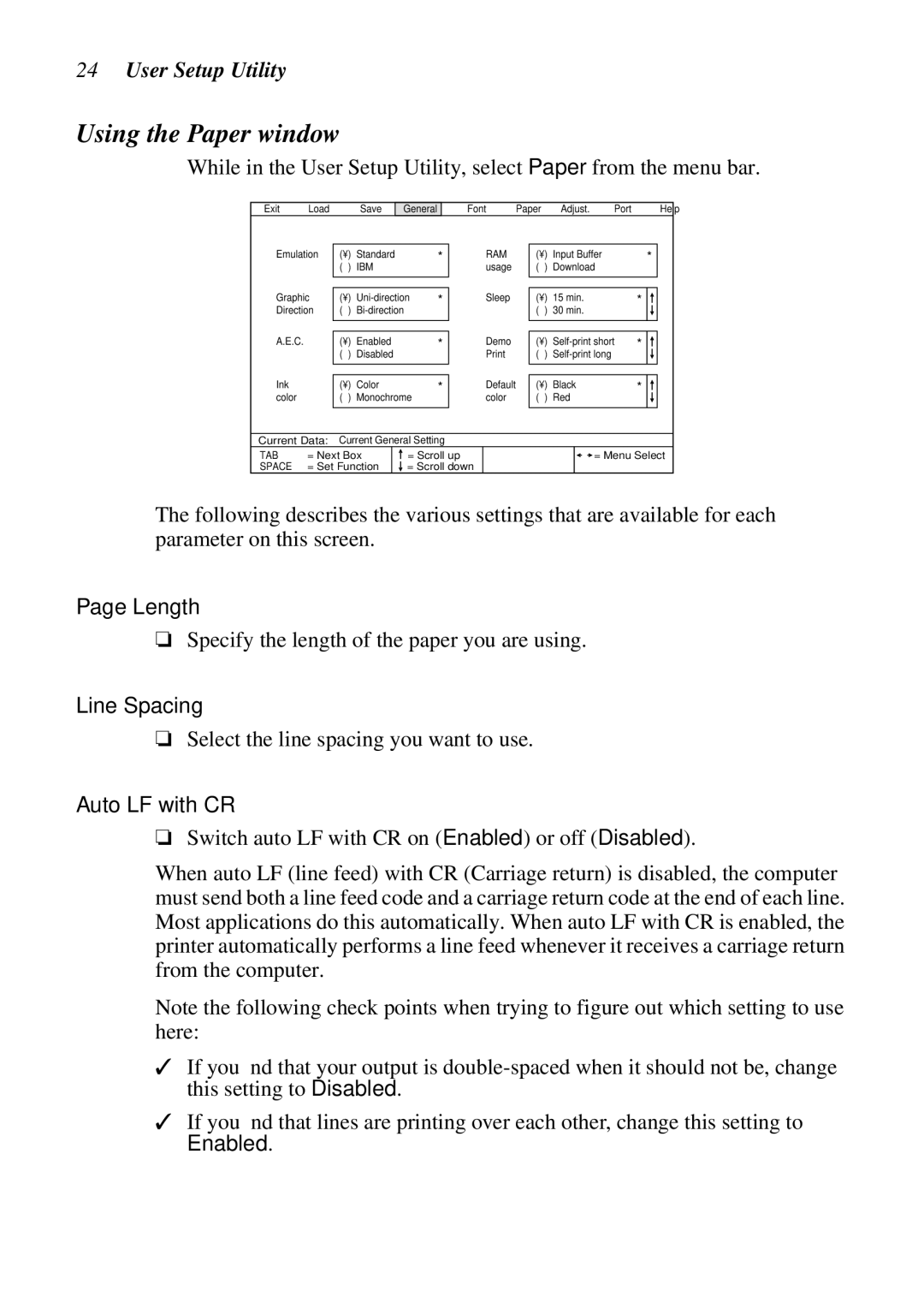 Star Micronics LC-240C, NX-2460C user manual Using the Paper window, Length, Line Spacing, Auto LF with CR 