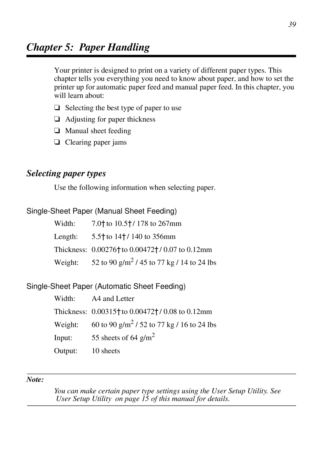 Star Micronics NX-2460C, LC-240C user manual Paper Handling, Selecting paper types, Single-Sheet Paper Manual Sheet Feeding 