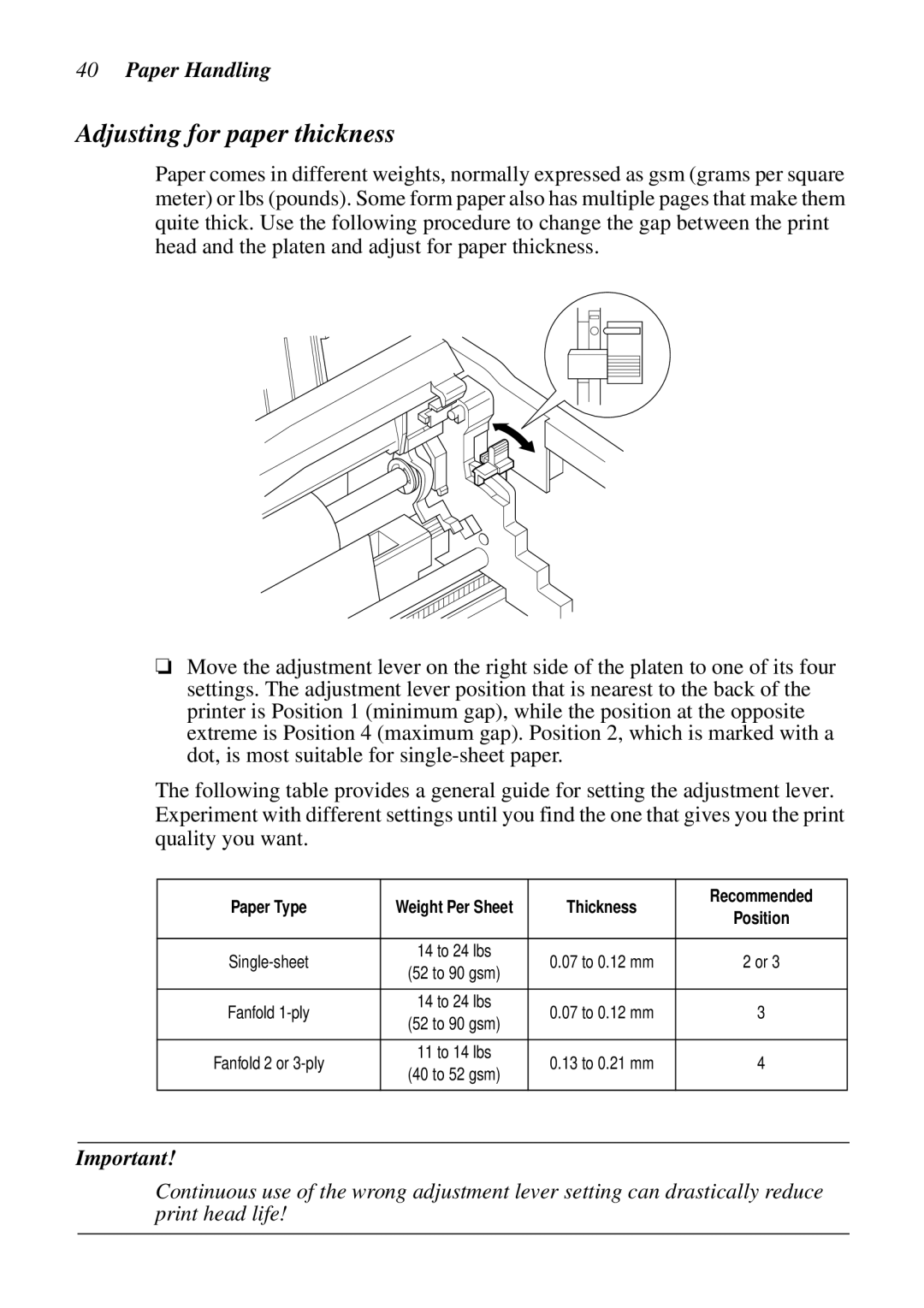 Star Micronics LC-240C, NX-2460C user manual Adjusting for paper thickness, Paper Handling 