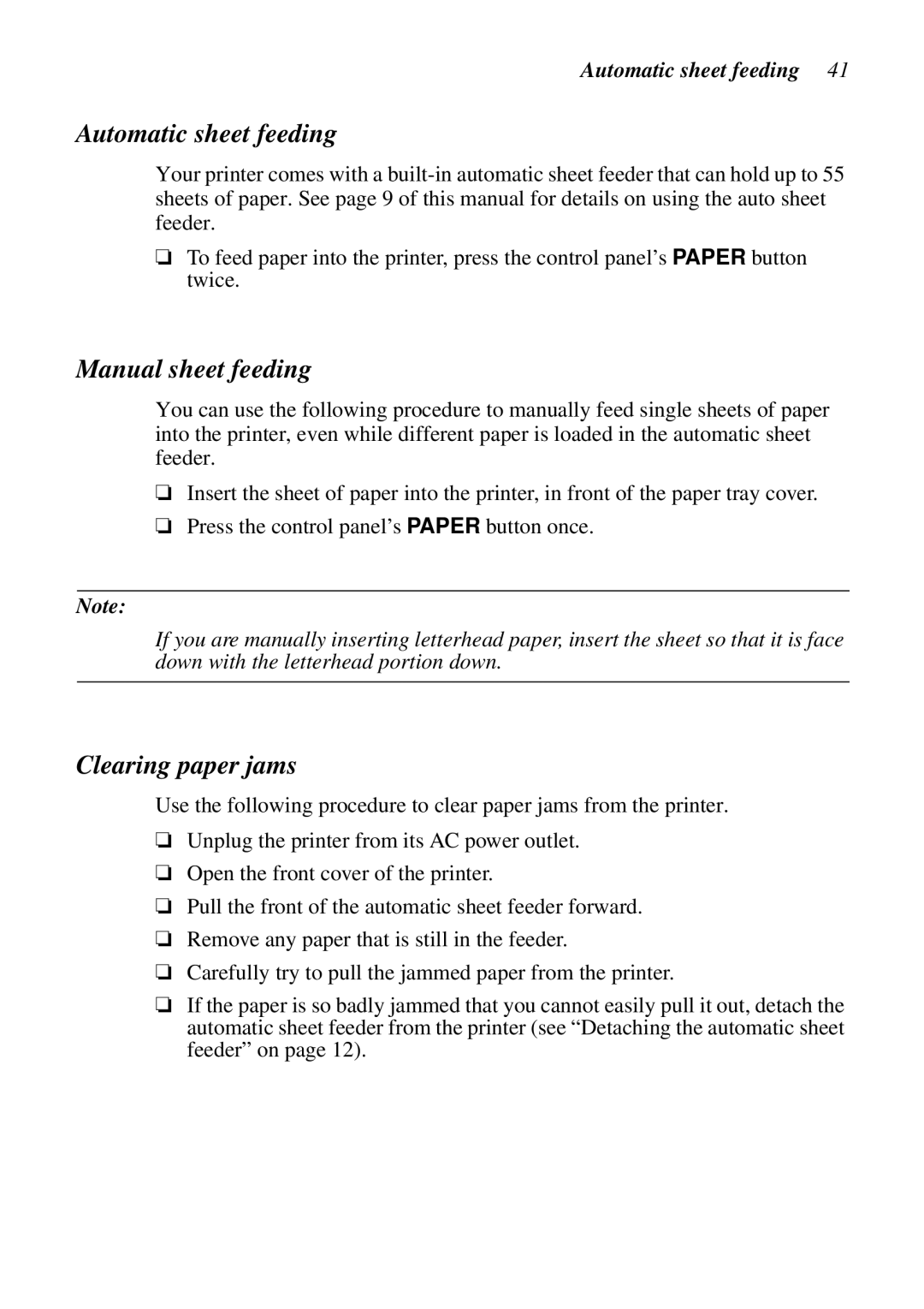 Star Micronics NX-2460C, LC-240C user manual Automatic sheet feeding, Manual sheet feeding, Clearing paper jams 