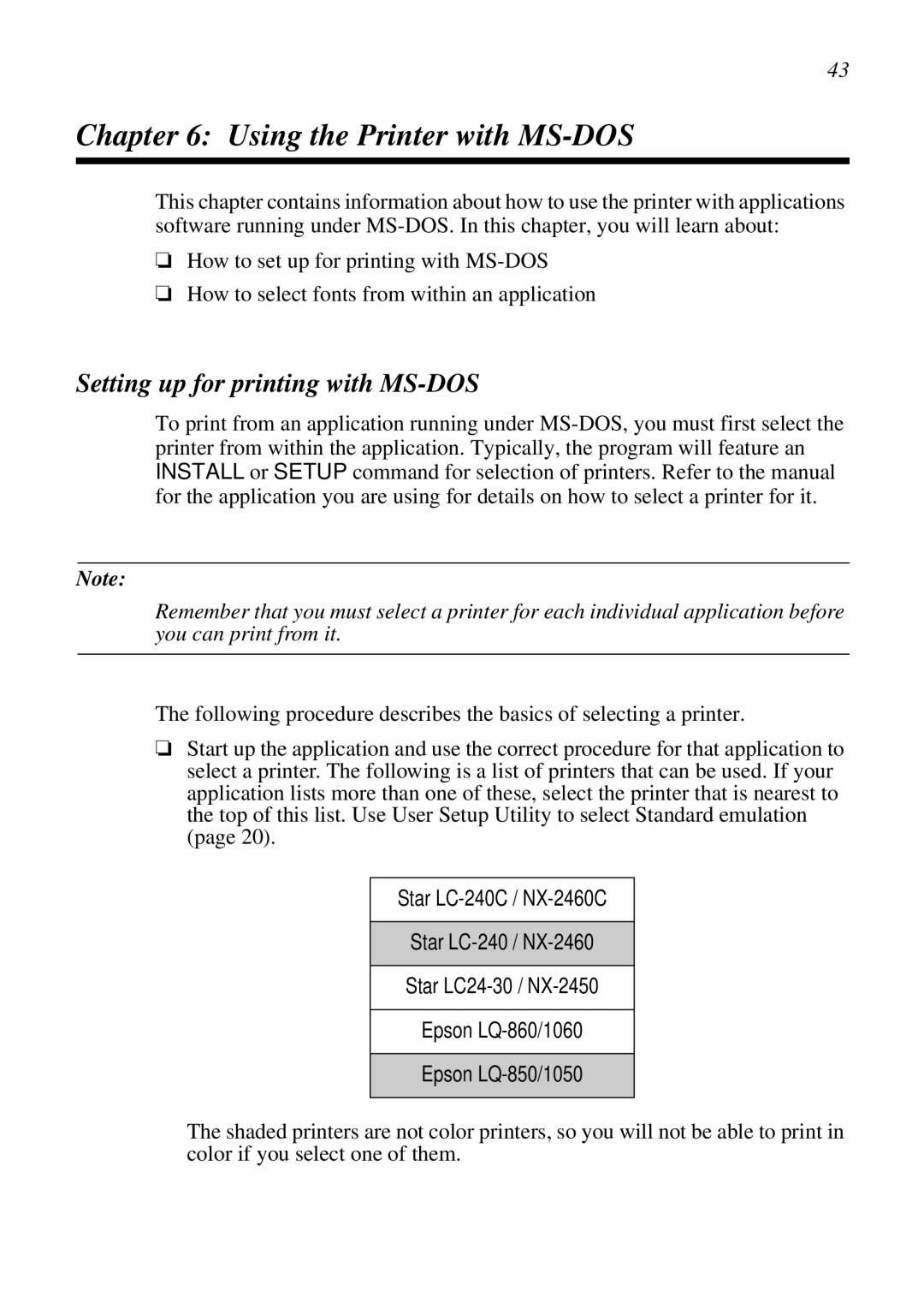 Star Micronics NX-2460C, LC-240C user manual Using the Printer with MS-DOS, Setting up for printing with MS-DOS 