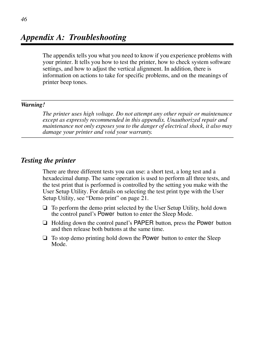 Star Micronics NX-2460C, LC-240C user manual Appendix a Troubleshooting, Testing the printer 