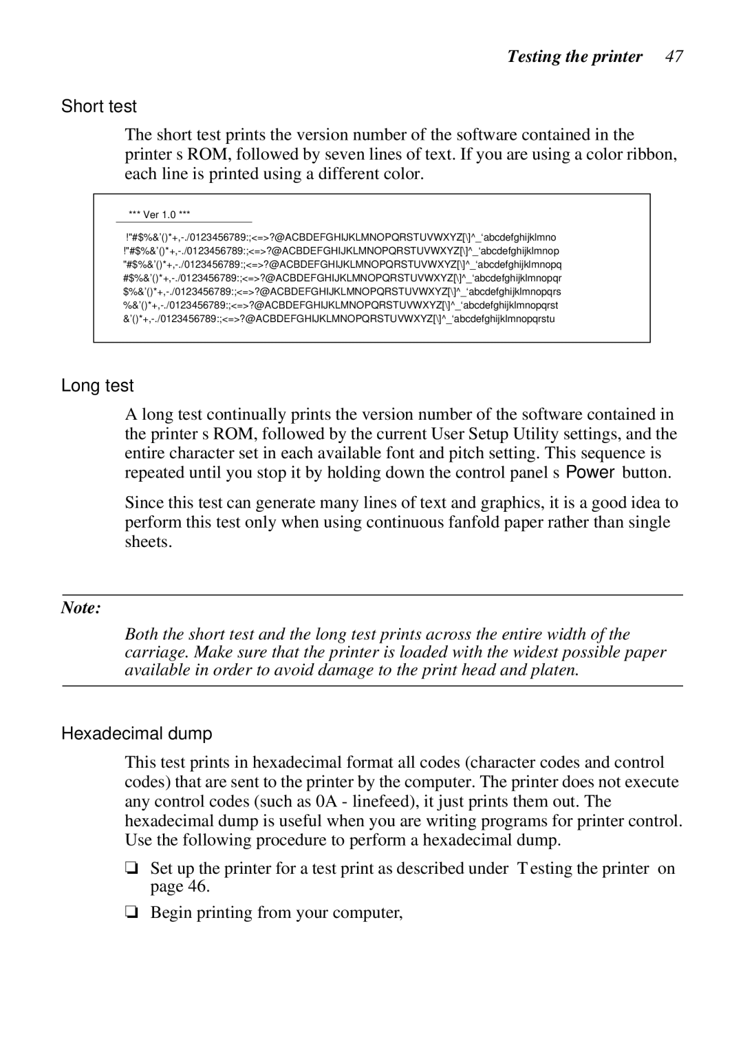 Star Micronics NX-2460C, LC-240C user manual Testing the printer, Short test, Long test, Hexadecimal dump 