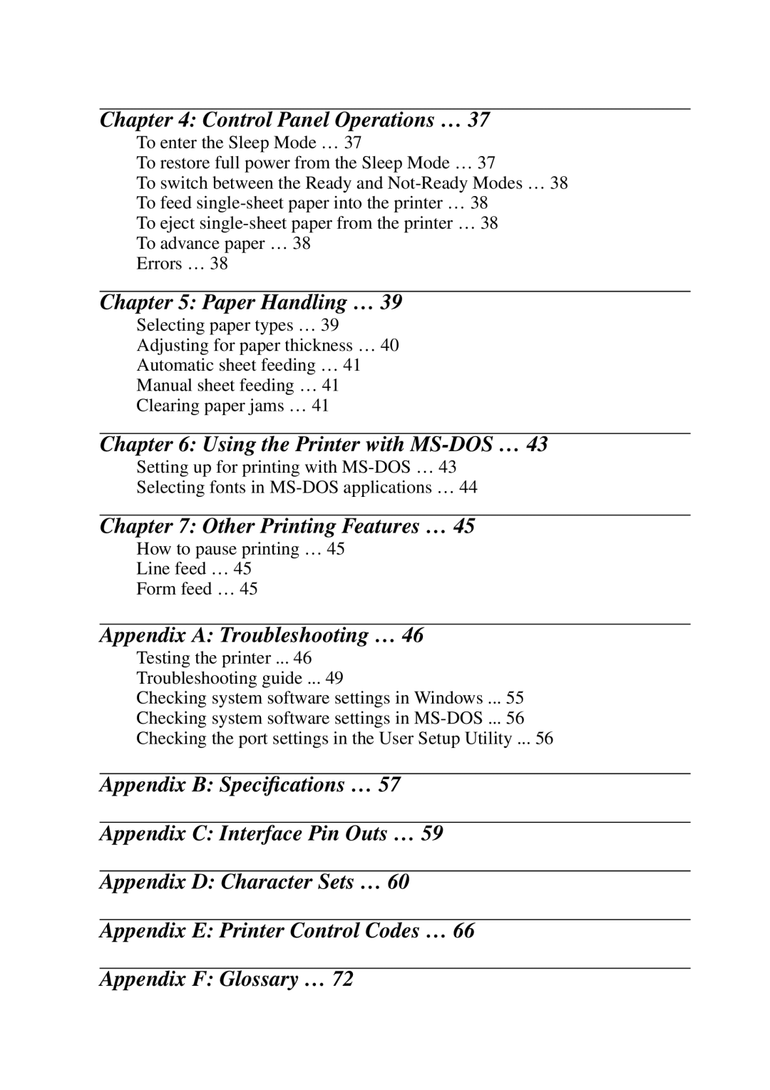 Star Micronics LC-240C, NX-2460C Control Panel Operations …, Paper Handling …, Using the Printer with MS-DOS … 