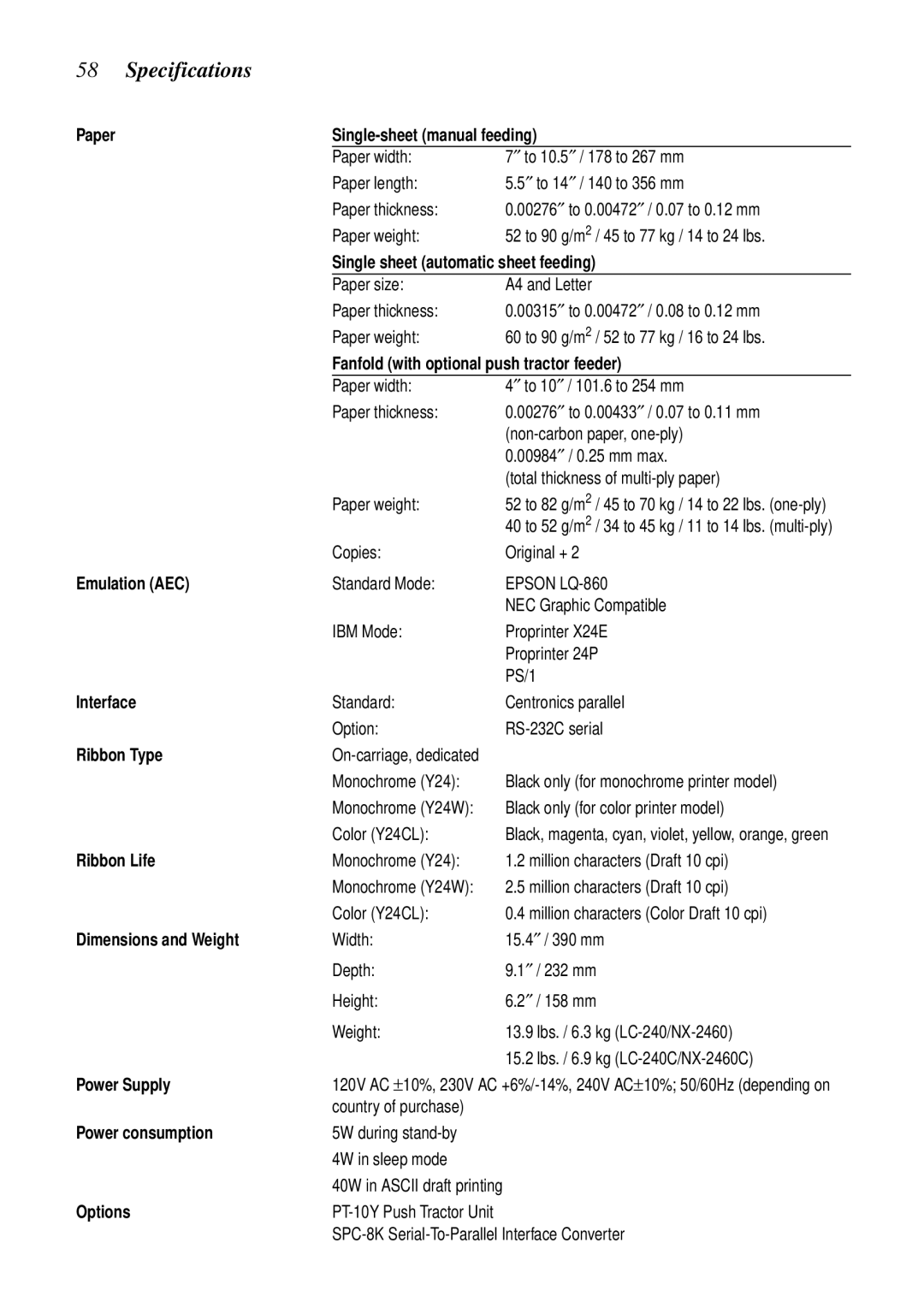 Star Micronics NX-2460C, LC-240C user manual Specifications, Paper Single-sheet manual feeding 