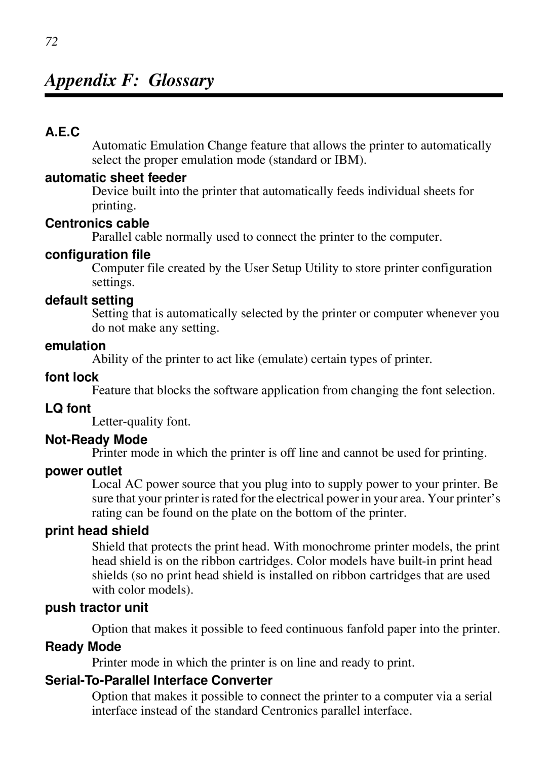 Star Micronics LC-240C, NX-2460C user manual Appendix F Glossary 