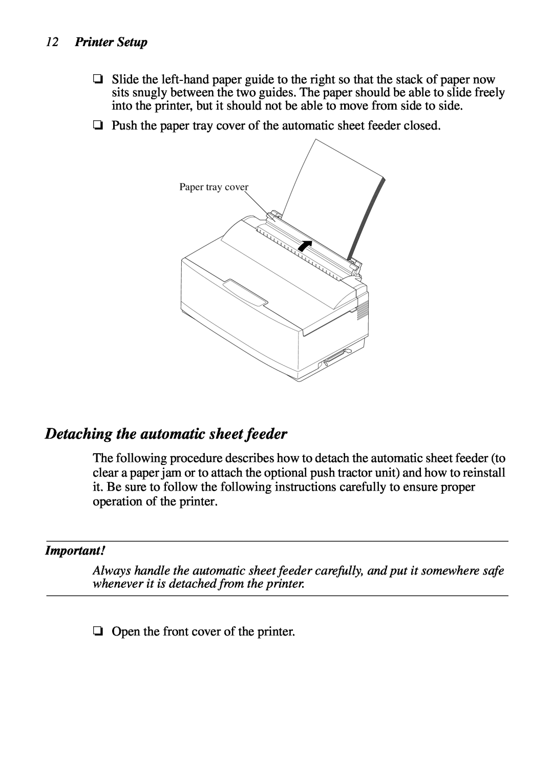 Star Micronics NX-2460C user manual Detaching the automatic sheet feeder, Printer Setup 