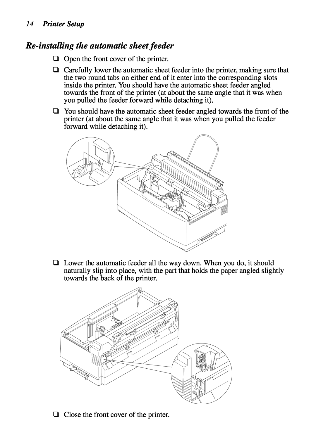 Star Micronics NX-2460C user manual Re-installing the automatic sheet feeder, Printer Setup 