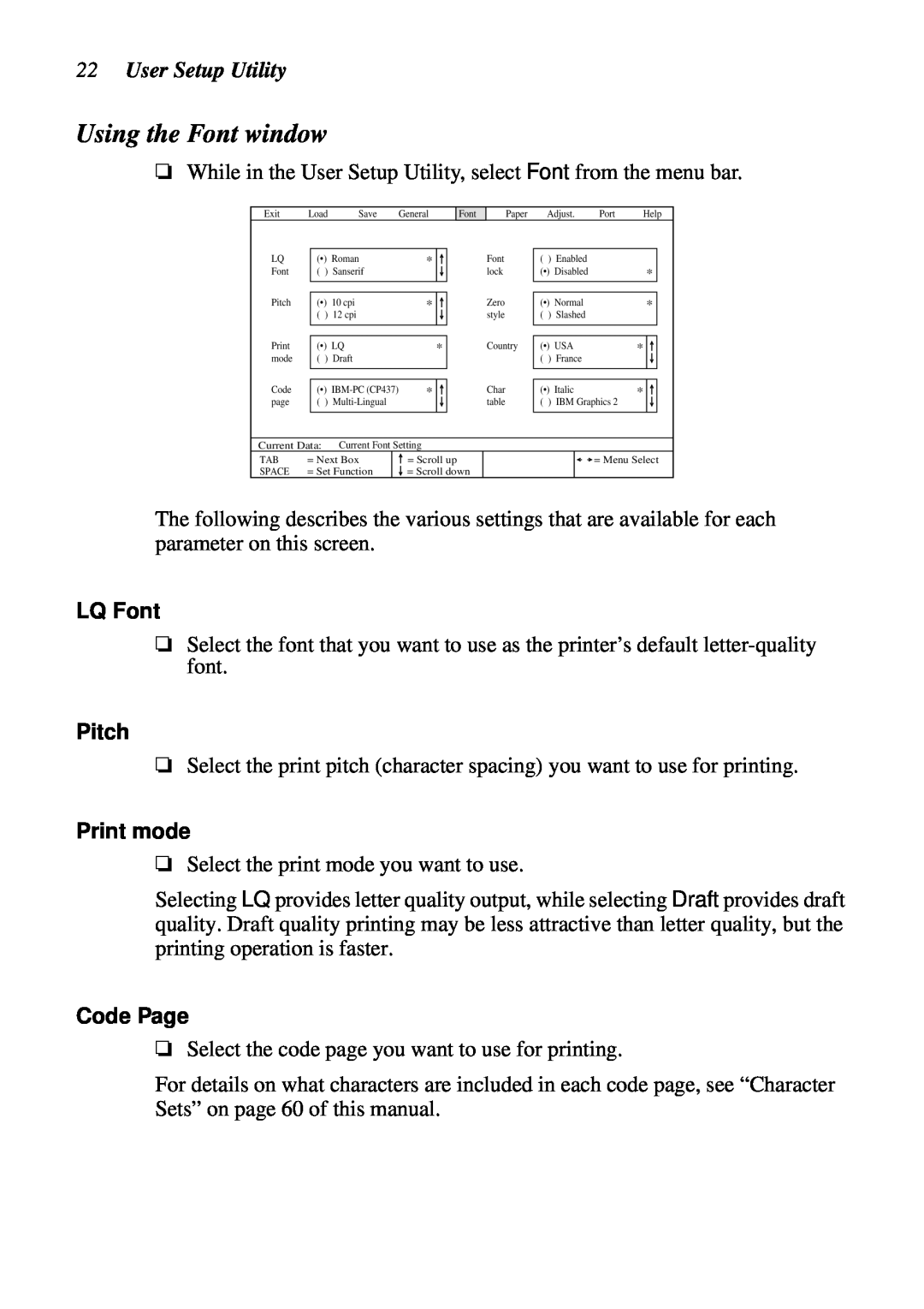Star Micronics NX-2460C user manual Using the Font window, User Setup Utility 