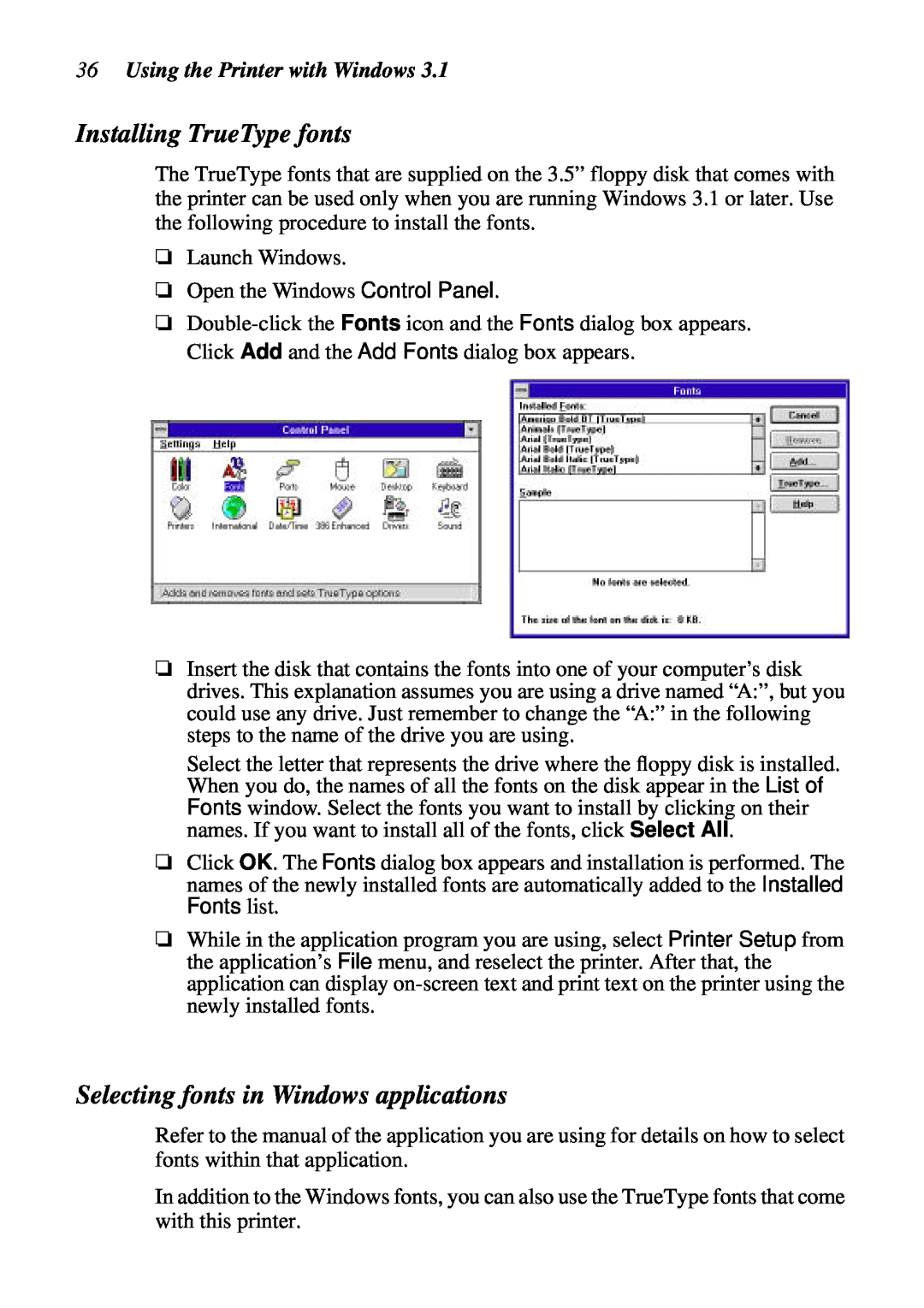 Star Micronics NX-2460 Installing TrueType fonts, Selecting fonts in Windows applications, Using the Printer with Windows 