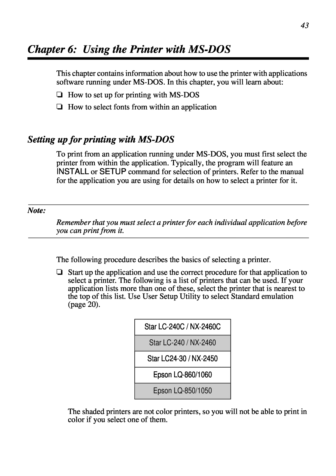 Star Micronics NX-2460C user manual Using the Printer with MS-DOS, Setting up for printing with MS-DOS 