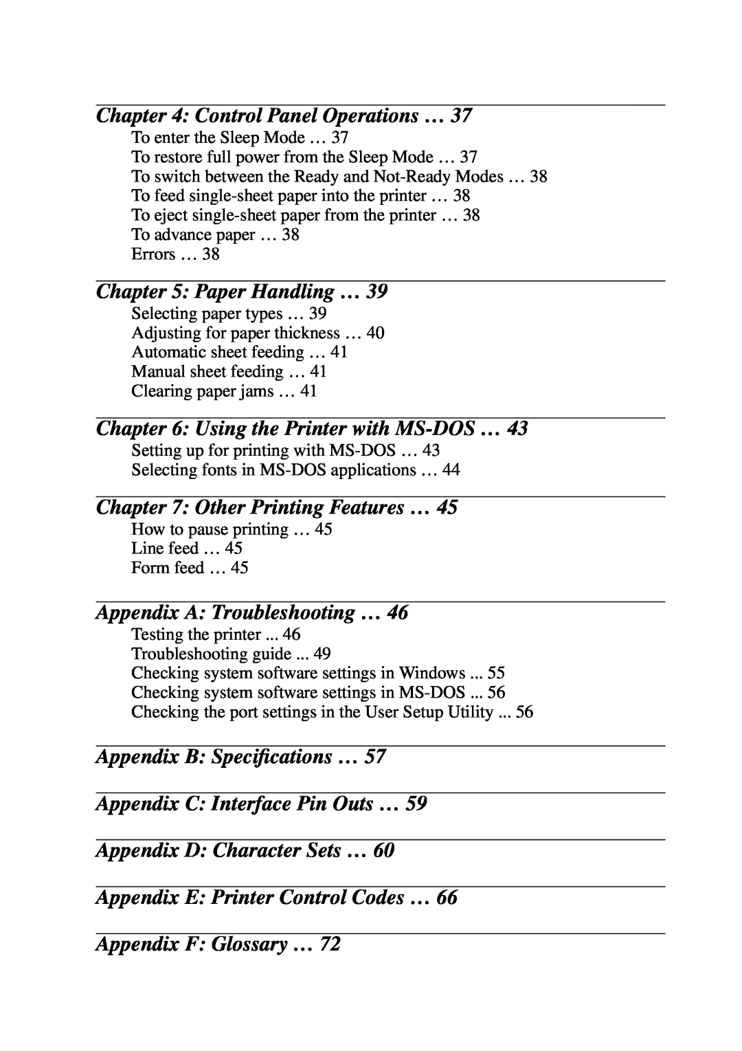 Star Micronics NX-2460C user manual Control Panel Operations …, Paper Handling …, Using the Printer with MS-DOS … 