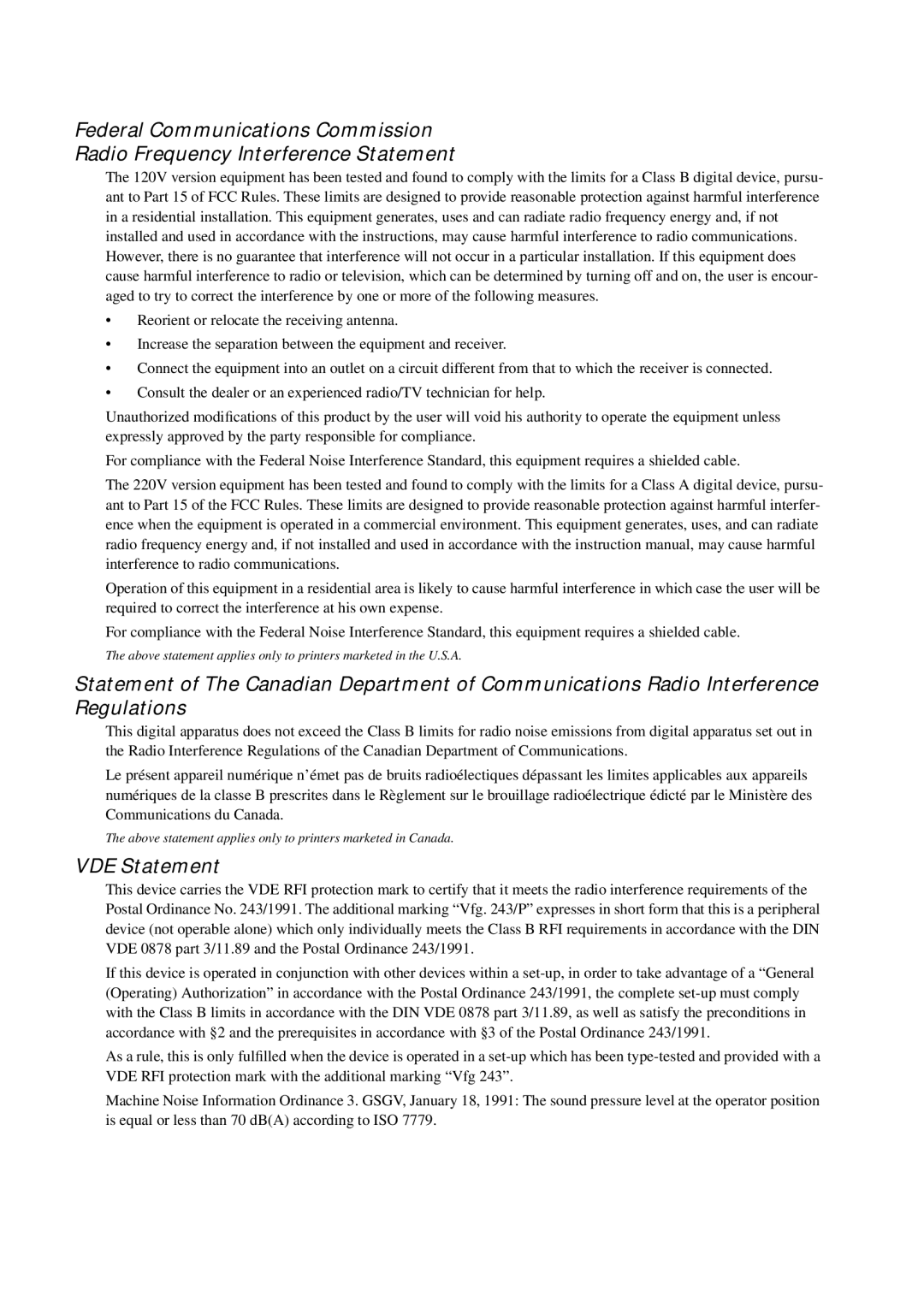 Star Micronics NX-2460C user manual VDE Statement 