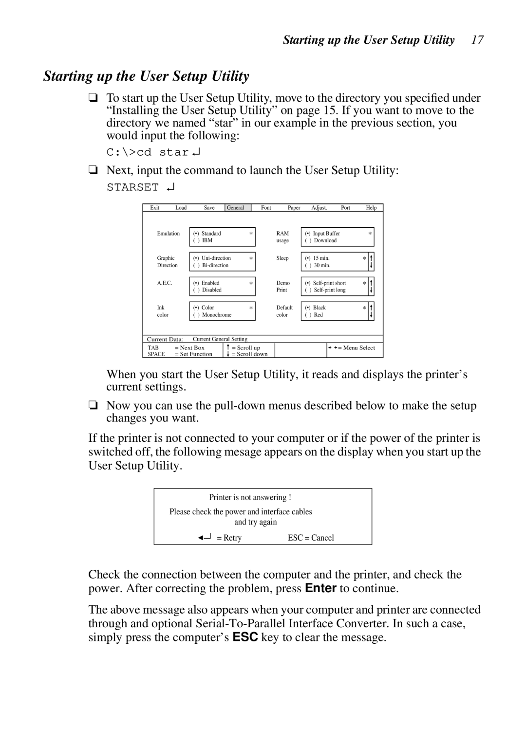 Star Micronics NX-2460C user manual Starting up the User Setup Utility 