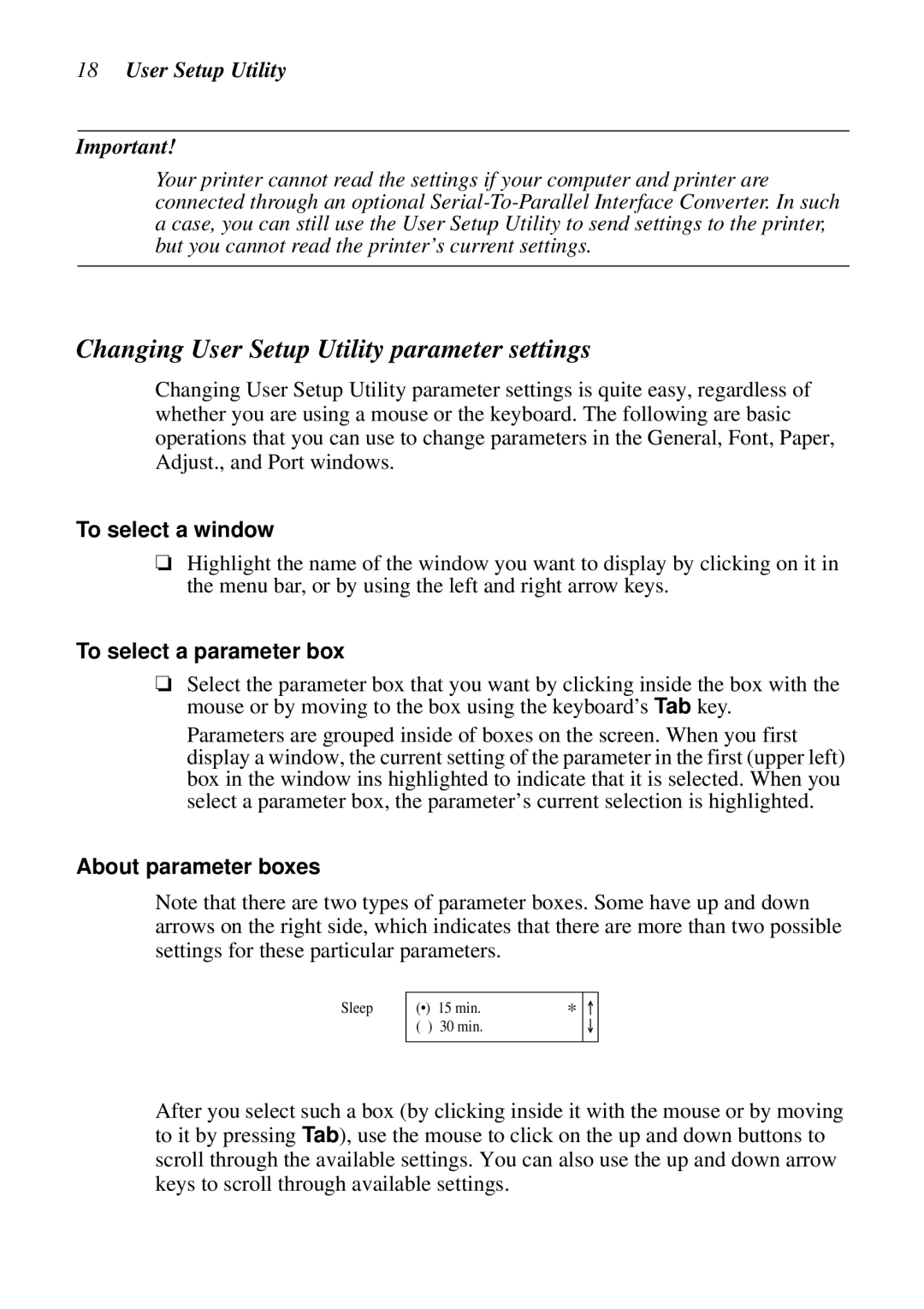 Star Micronics NX-2460 Changing User Setup Utility parameter settings, To select a window, To select a parameter box 