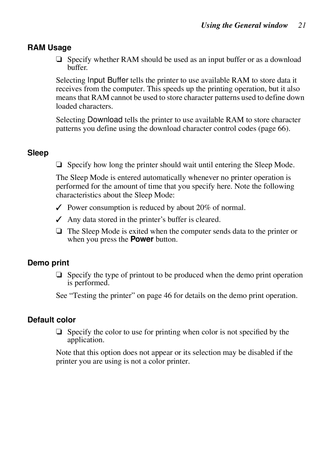 Star Micronics NX-2460C user manual RAM Usage, Sleep, Demo print, Default color 