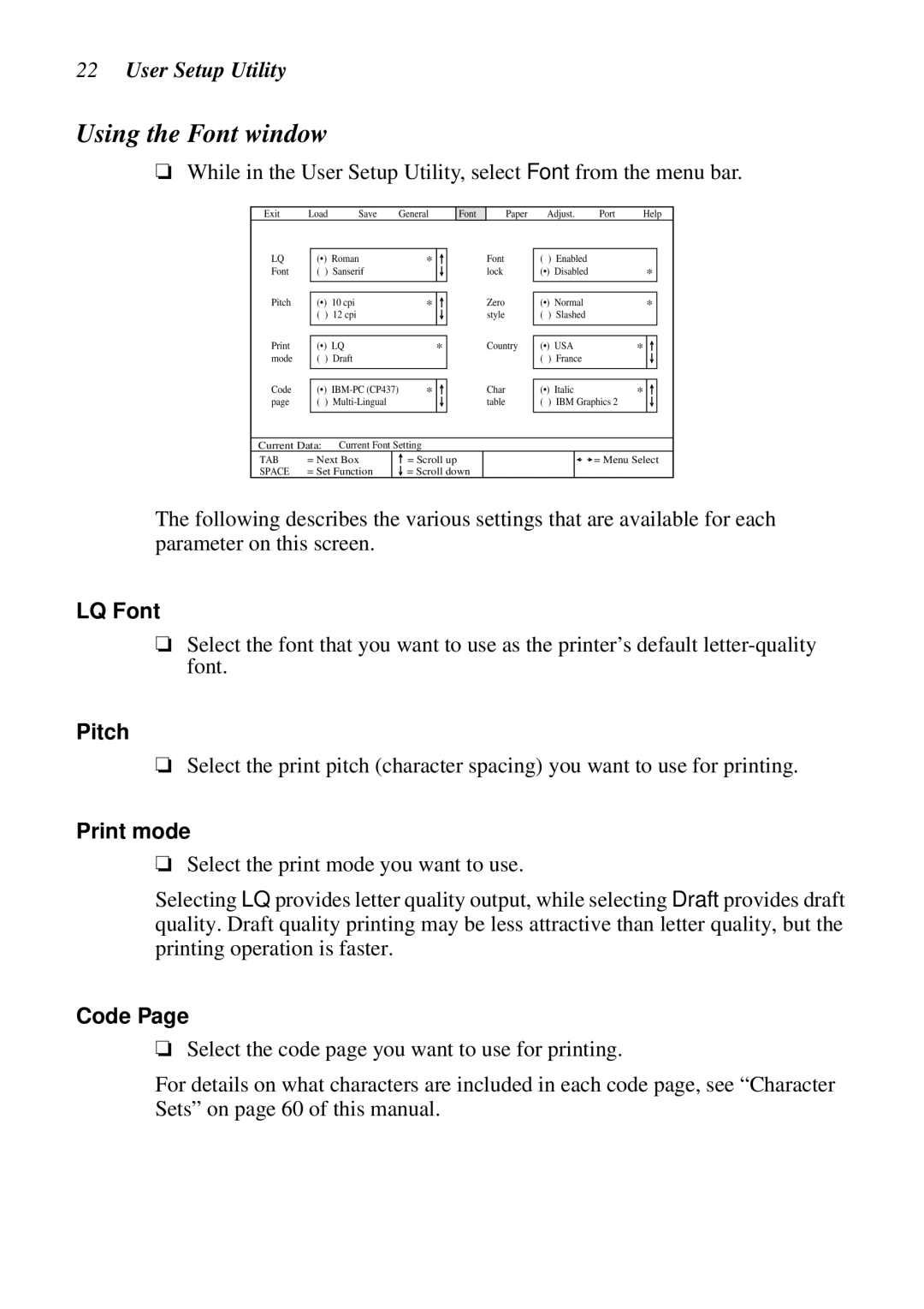 Star Micronics NX-2460C user manual Using the Font window, LQ Font, Pitch, Print mode, Code 