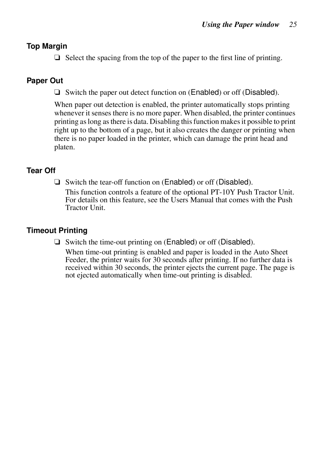 Star Micronics NX-2460C user manual Using the Paper window, Top Margin, Paper Out, Tear Off, Timeout Printing 