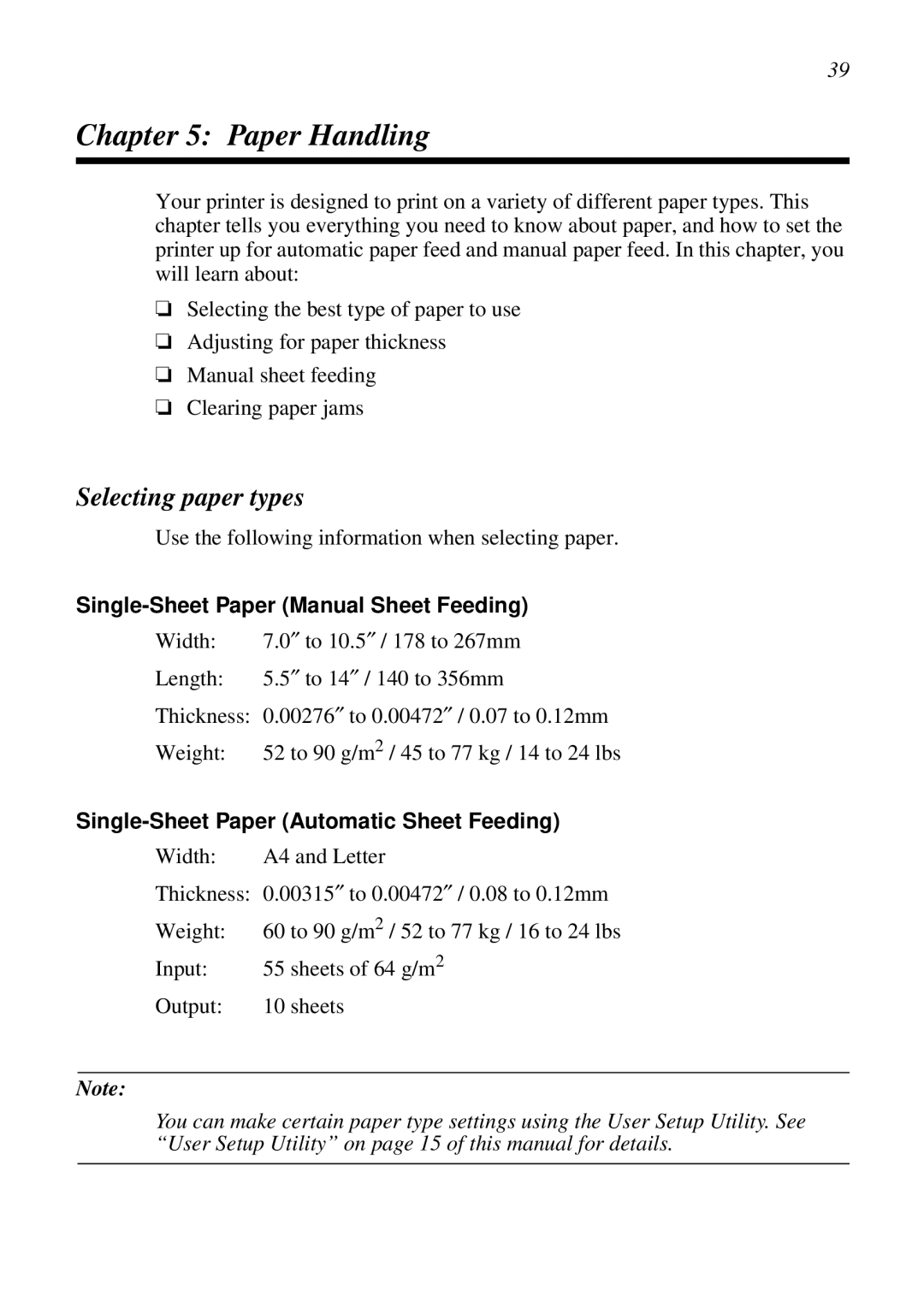 Star Micronics NX-2460C user manual Paper Handling, Selecting paper types, Single-Sheet Paper Manual Sheet Feeding 