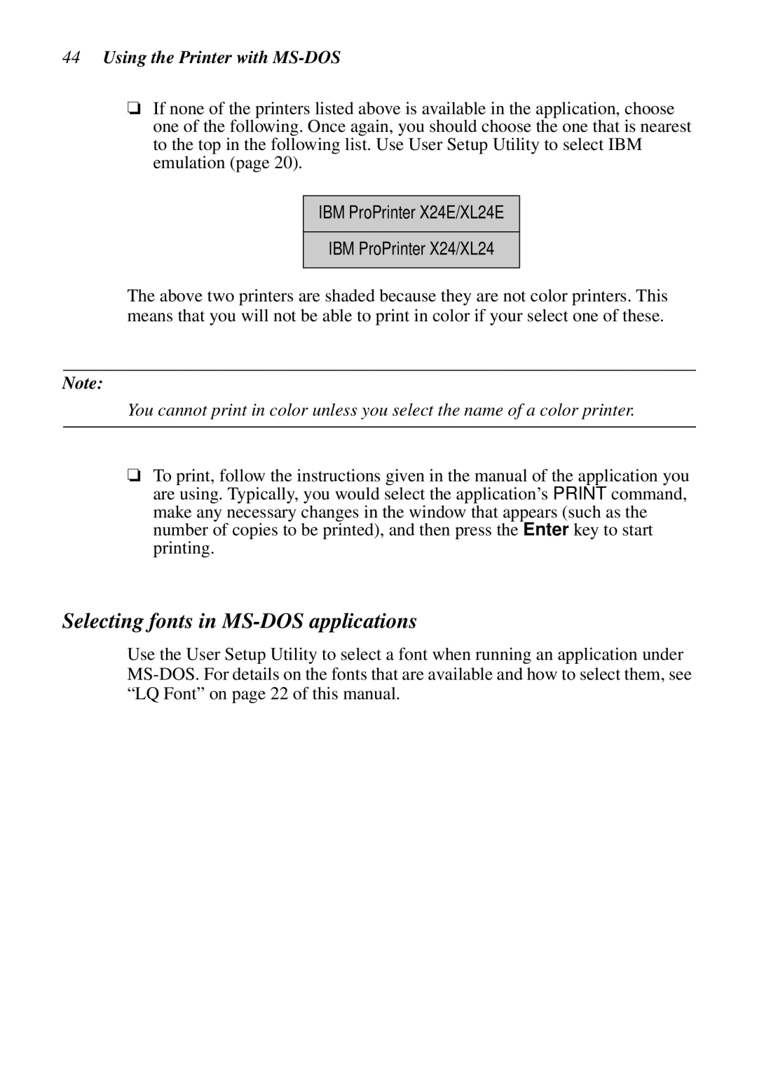 Star Micronics NX-2460C user manual Selecting fonts in MS-DOS applications, Using the Printer with MS-DOS 