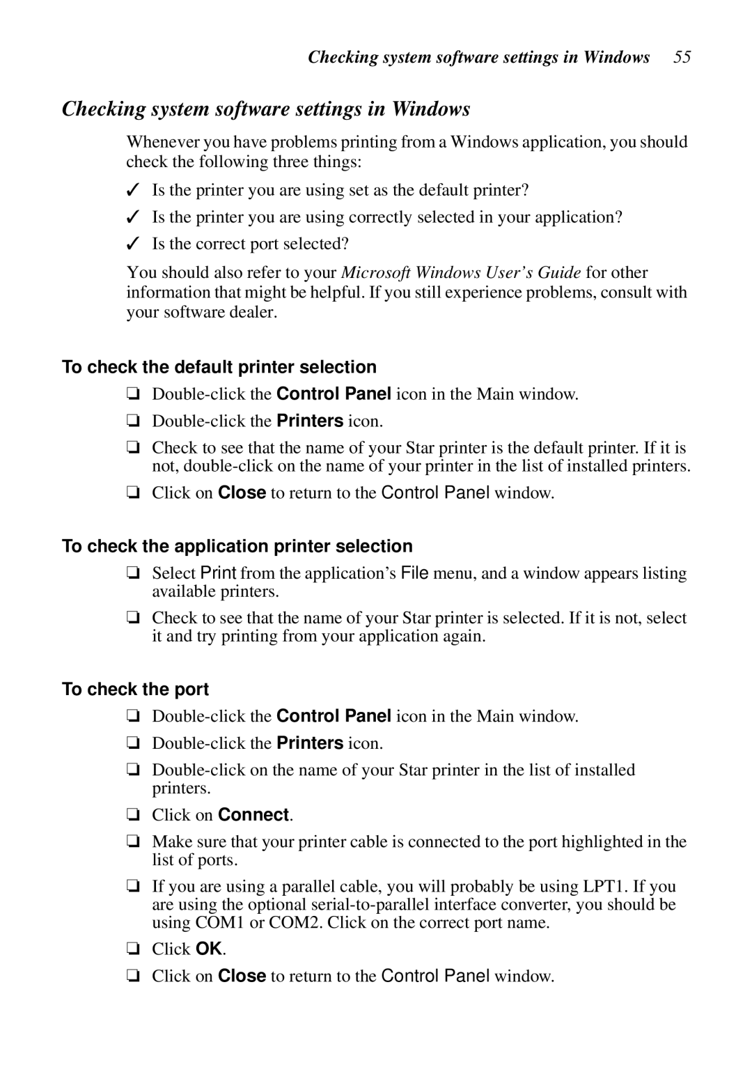 Star Micronics NX-2460C user manual Checking system software settings in Windows, To check the default printer selection 