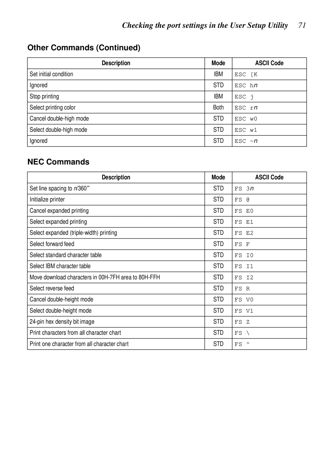 Star Micronics NX-2460C user manual NEC Commands 