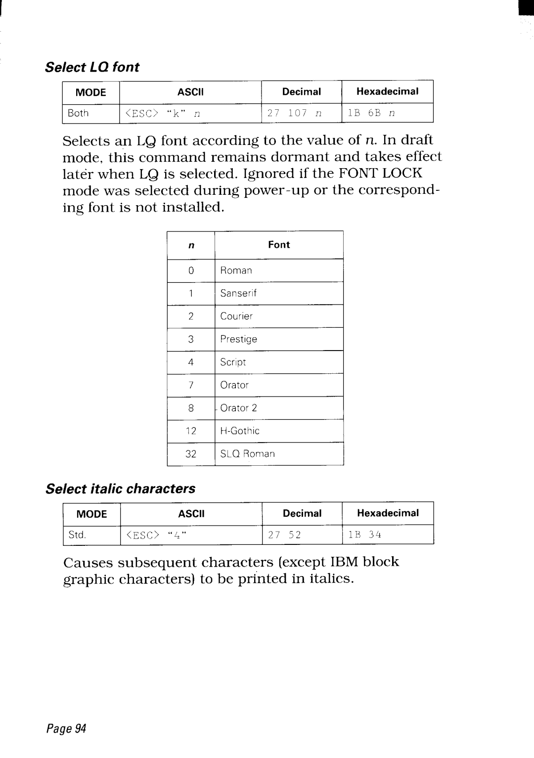 Star Micronics NX-2480 user manual Decimal Hexadecimal Both SC k .~ 27 107 r IB 6B n 