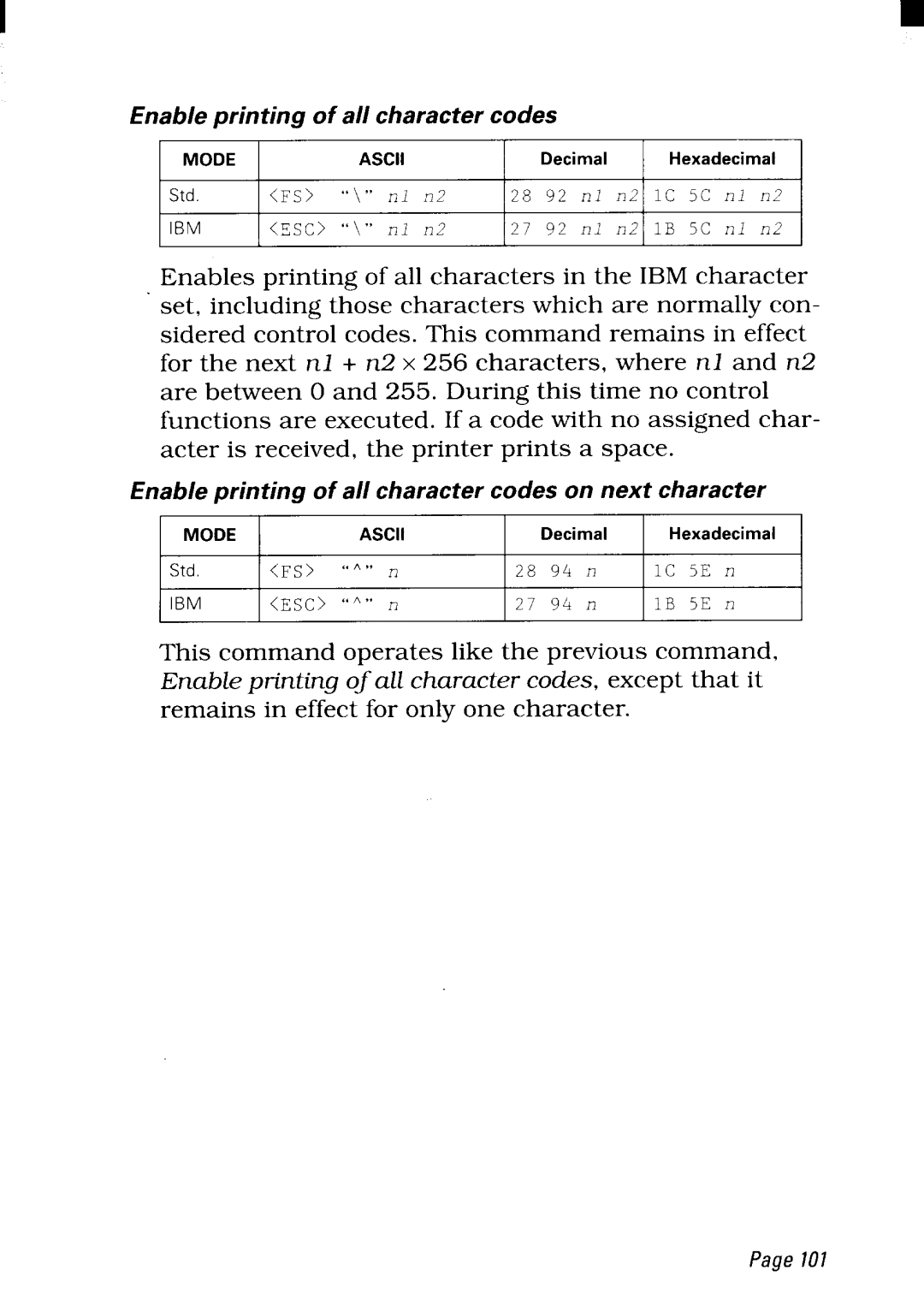 Star Micronics NX-2480 user manual Enable printing of all character codes, except that it 