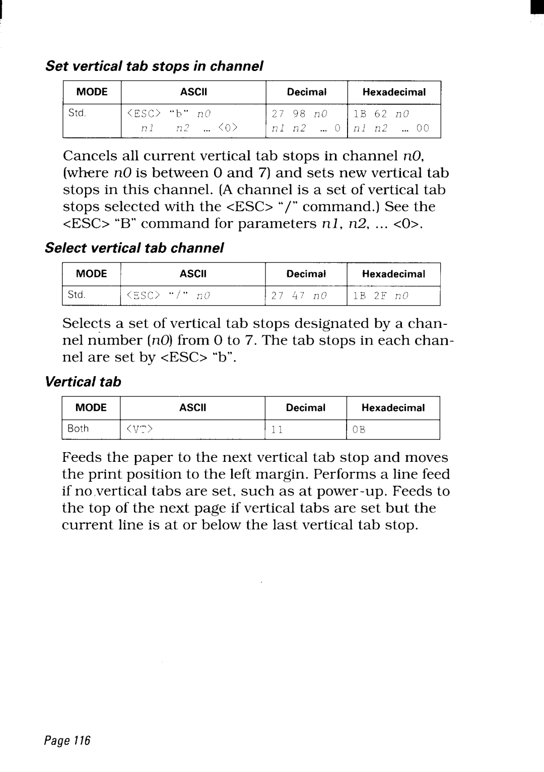 Star Micronics NX-2480 user manual Set verticaltab stops in channel 