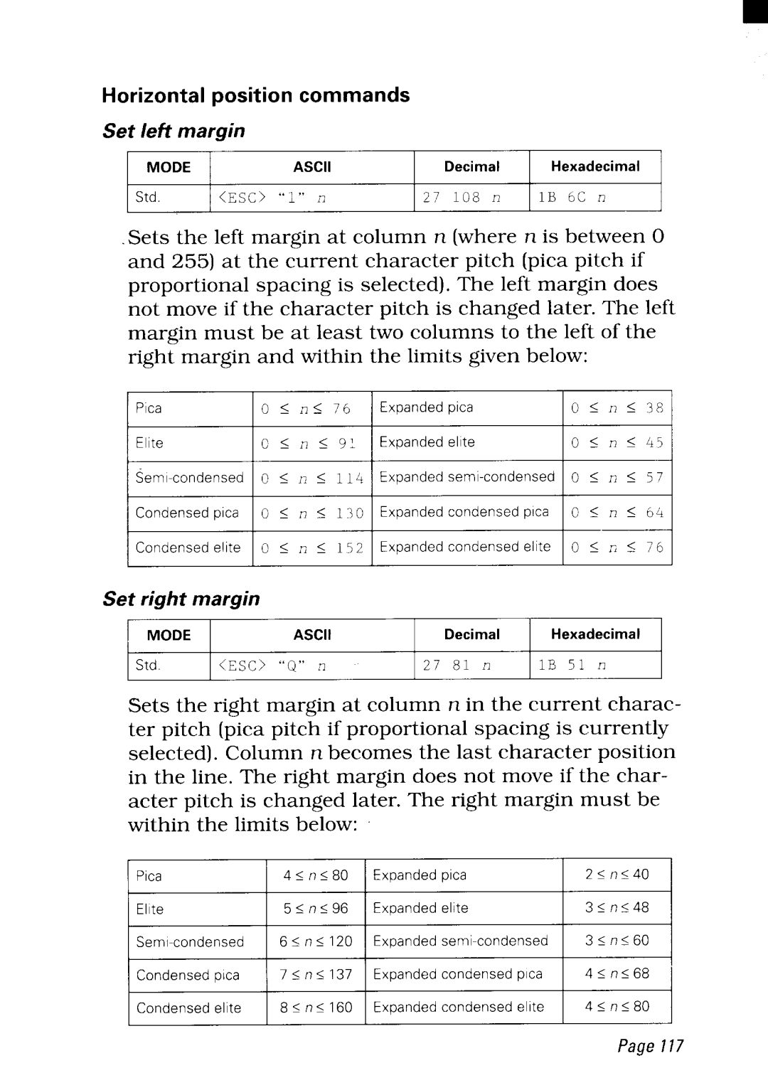 Star Micronics NX-2480 user manual Horizontal Position commands 