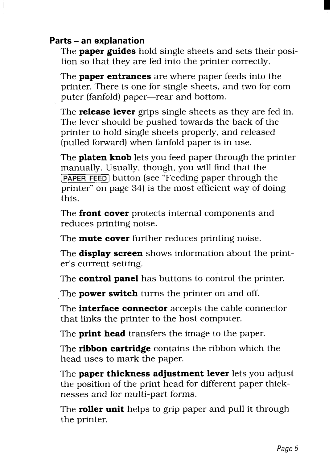 Star Micronics NX-2480 user manual Parts an explanation 