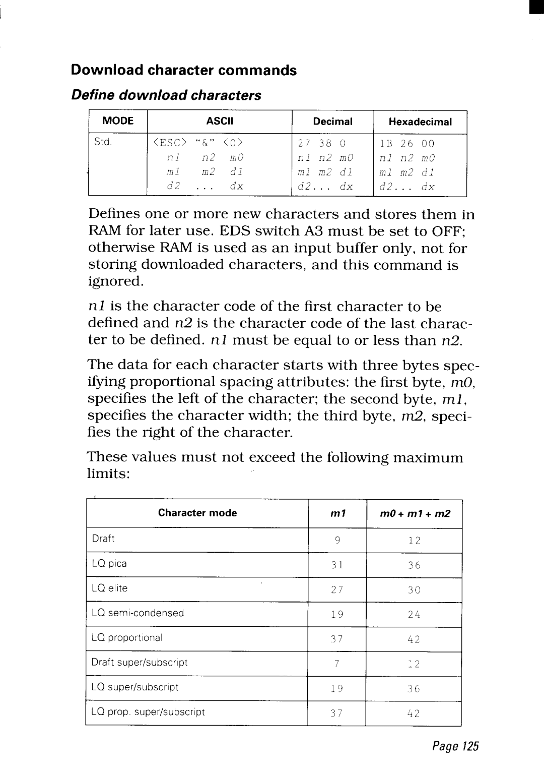 Star Micronics NX-2480 user manual Download character commands, Character mode MO + ml + m2 