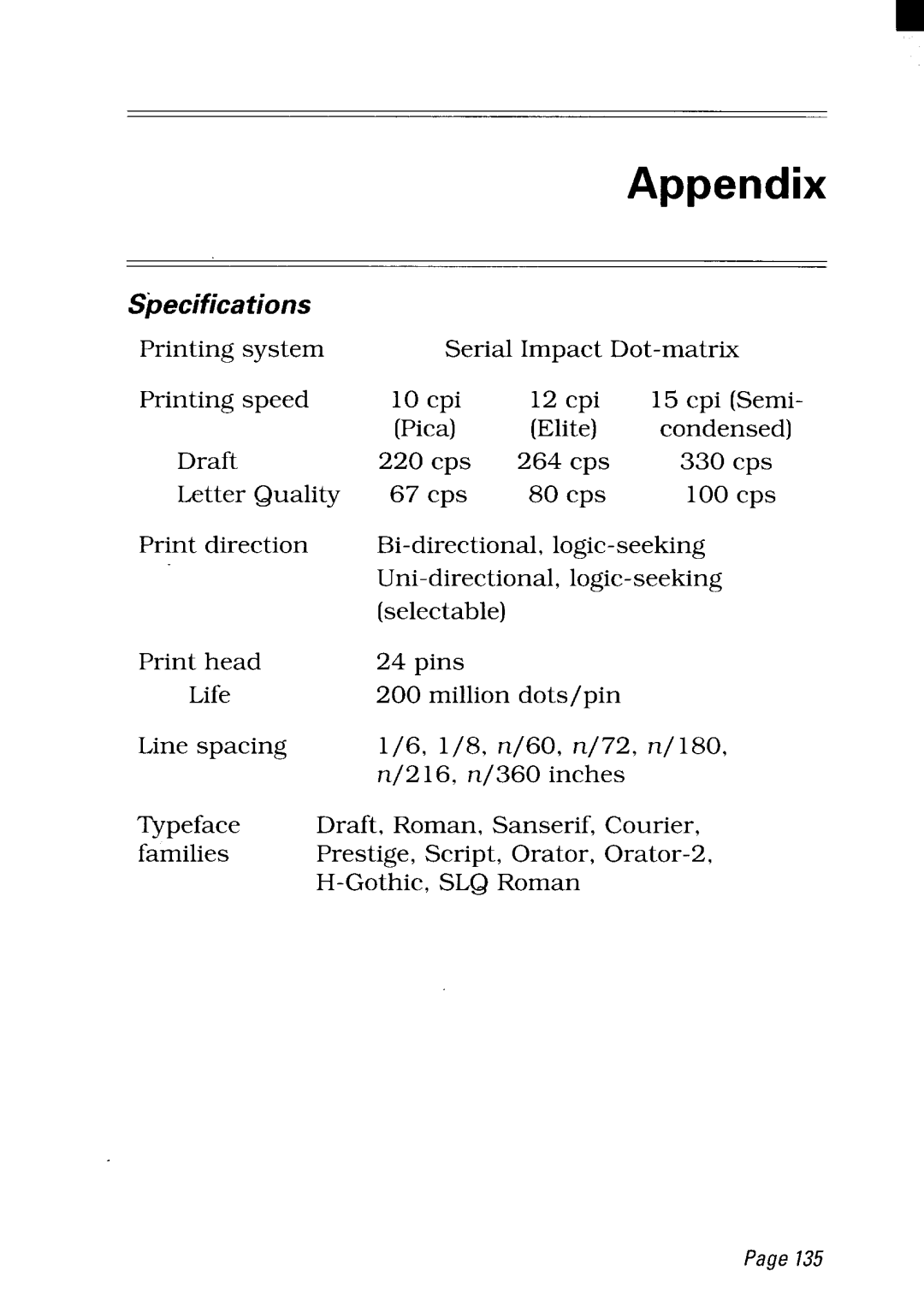 Star Micronics NX-2480 user manual Appendix, Cps 