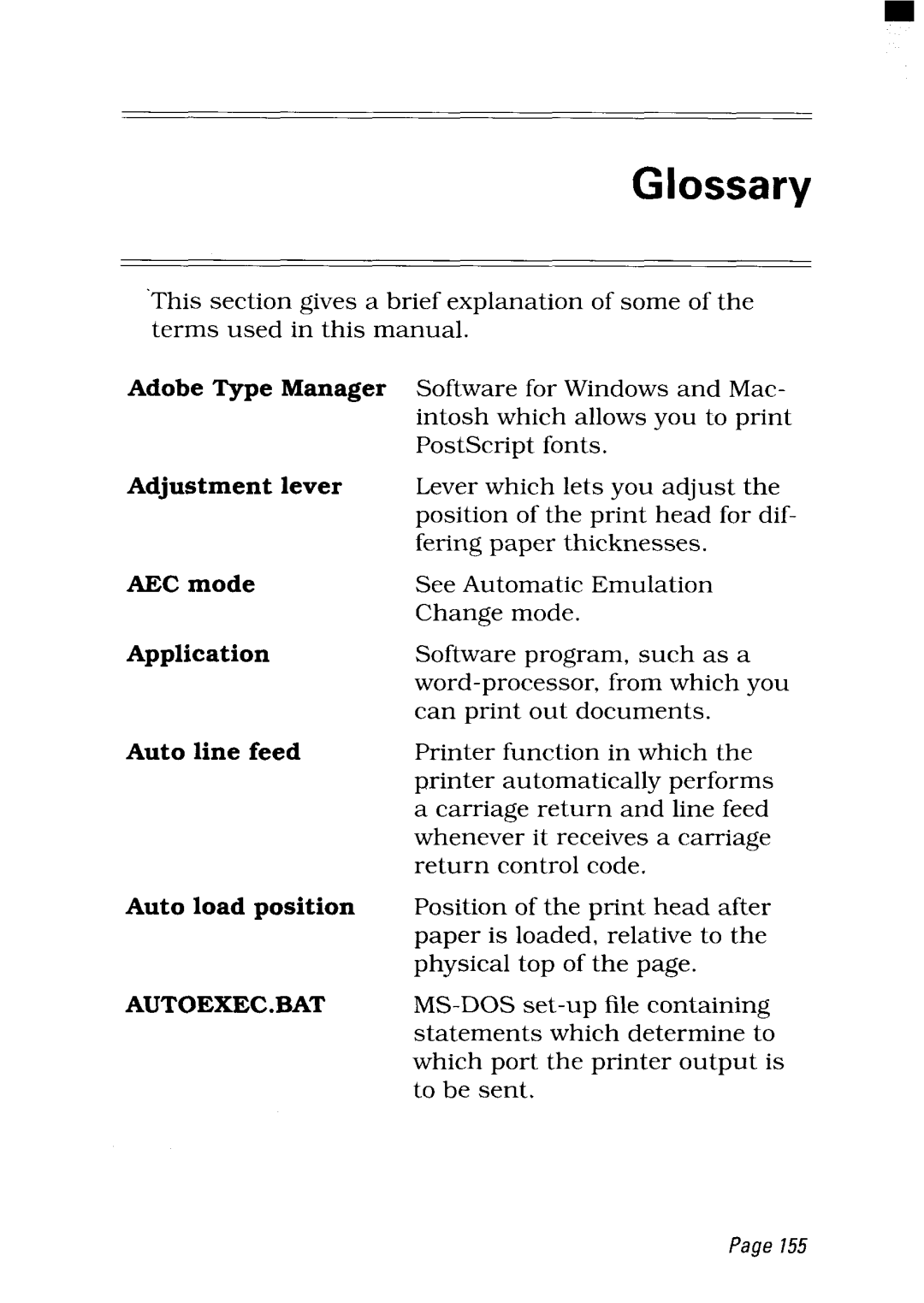 Star Micronics NX-2480 user manual Adjustment lever, AEC mode, Application, Auto line feed, Auto load position 