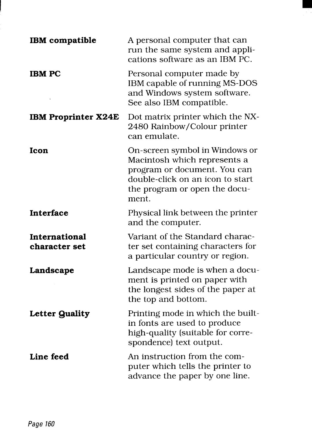 Star Micronics NX-2480 user manual Icon, Interface International character set Landscape, Letter @mlity Line feed 