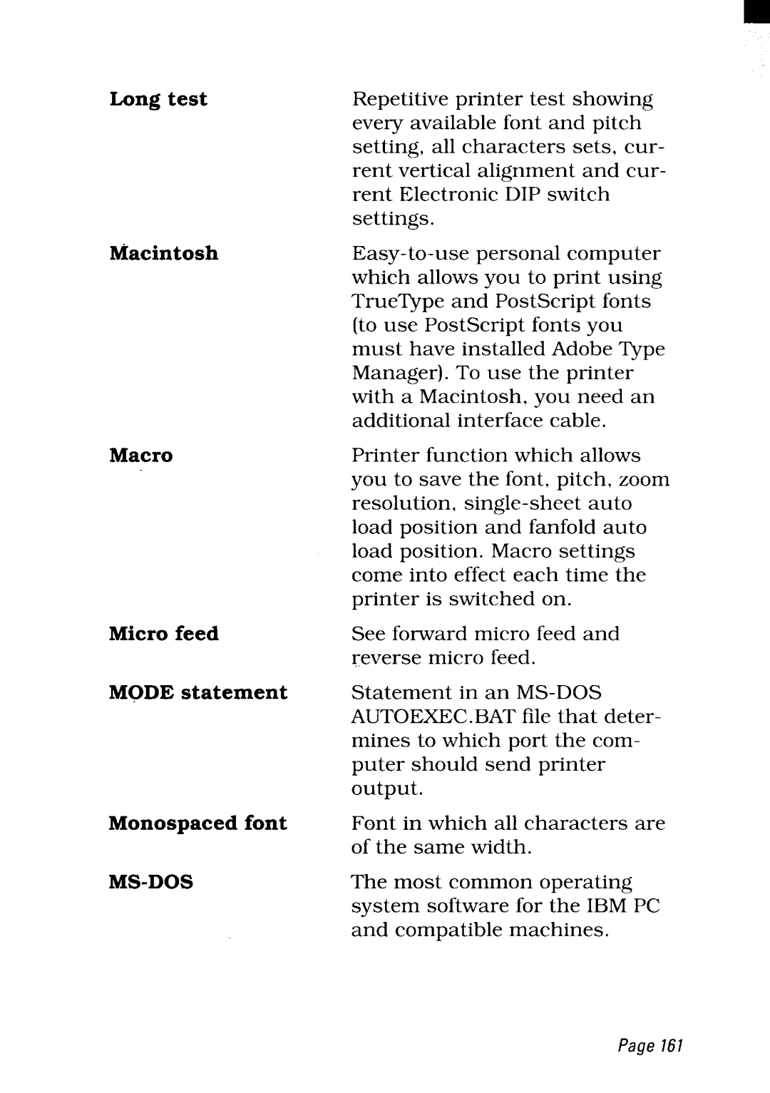 Star Micronics NX-2480 user manual LOng test, Macintosh, Macro, Micro feed, Mode statement, Monospaced font 