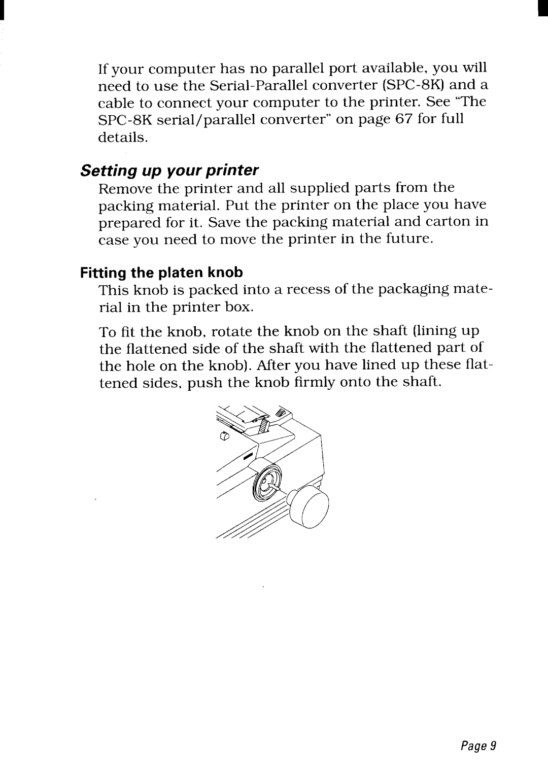 Star Micronics NX-2480 user manual Setting up your printer, Fitting the platen knob 