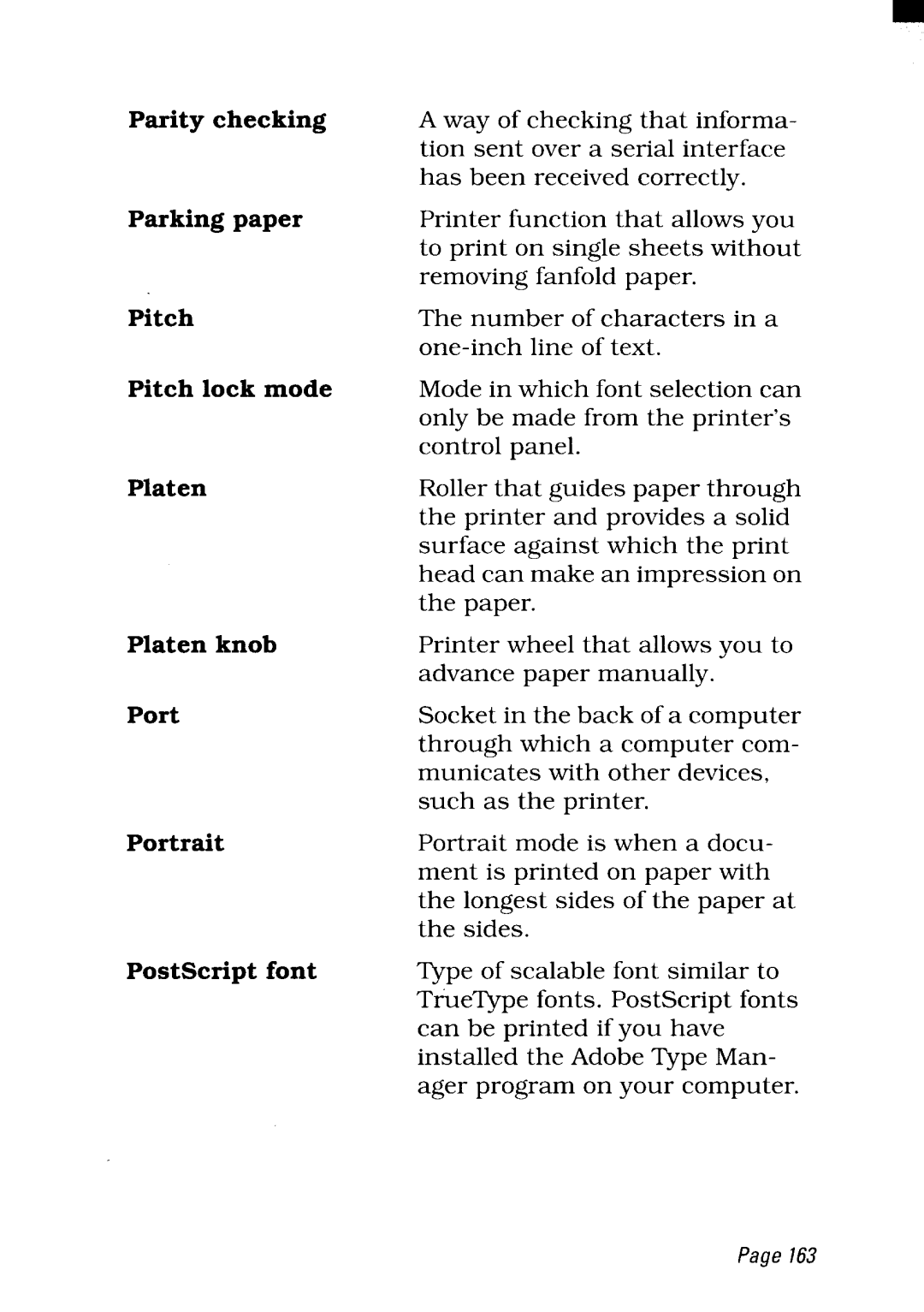 Star Micronics NX-2480 user manual Parity checking, Parking paper, Pitch lock mode, Platen knob Port Portrait 