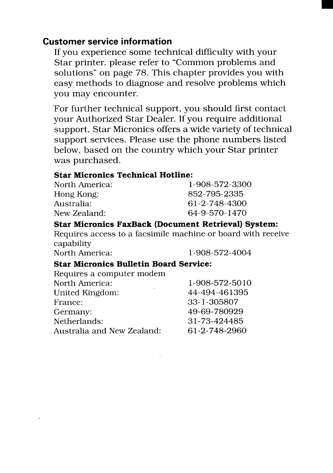 Star Micronics NX-2480 Customer service information, Star MicronicsTechnicalHotline, StarMicronicsBulletinBoardService 