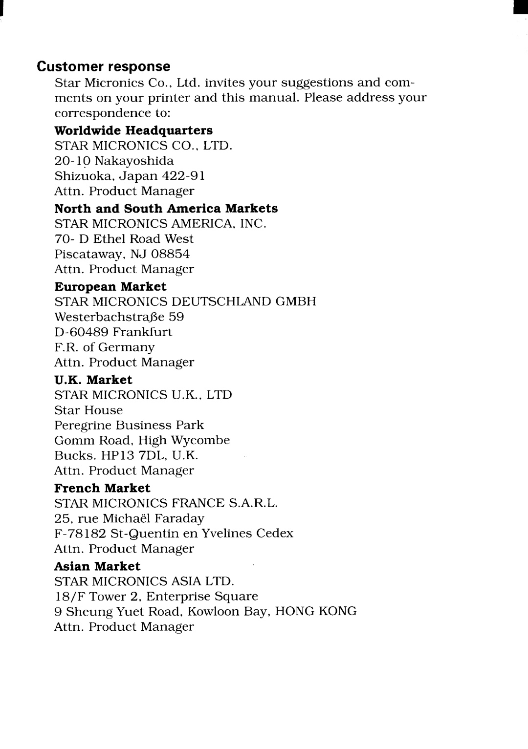 Star Micronics NX-2480 user manual Customer response 