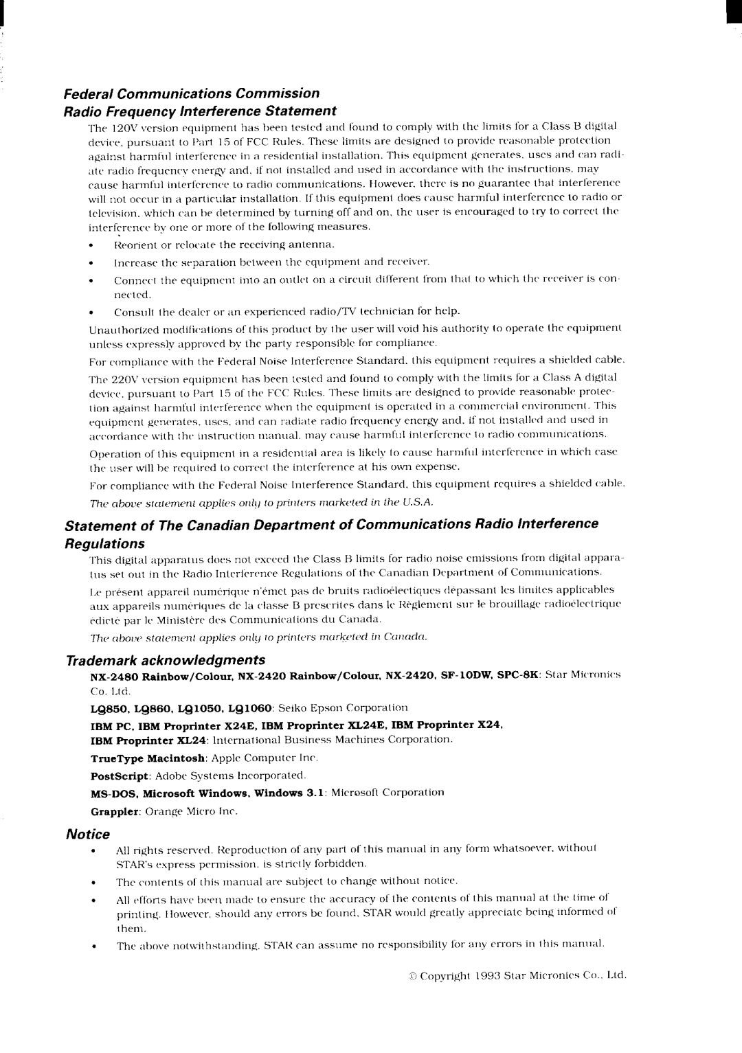 Star Micronics NX-2480 user manual Trademark acknowledgments 